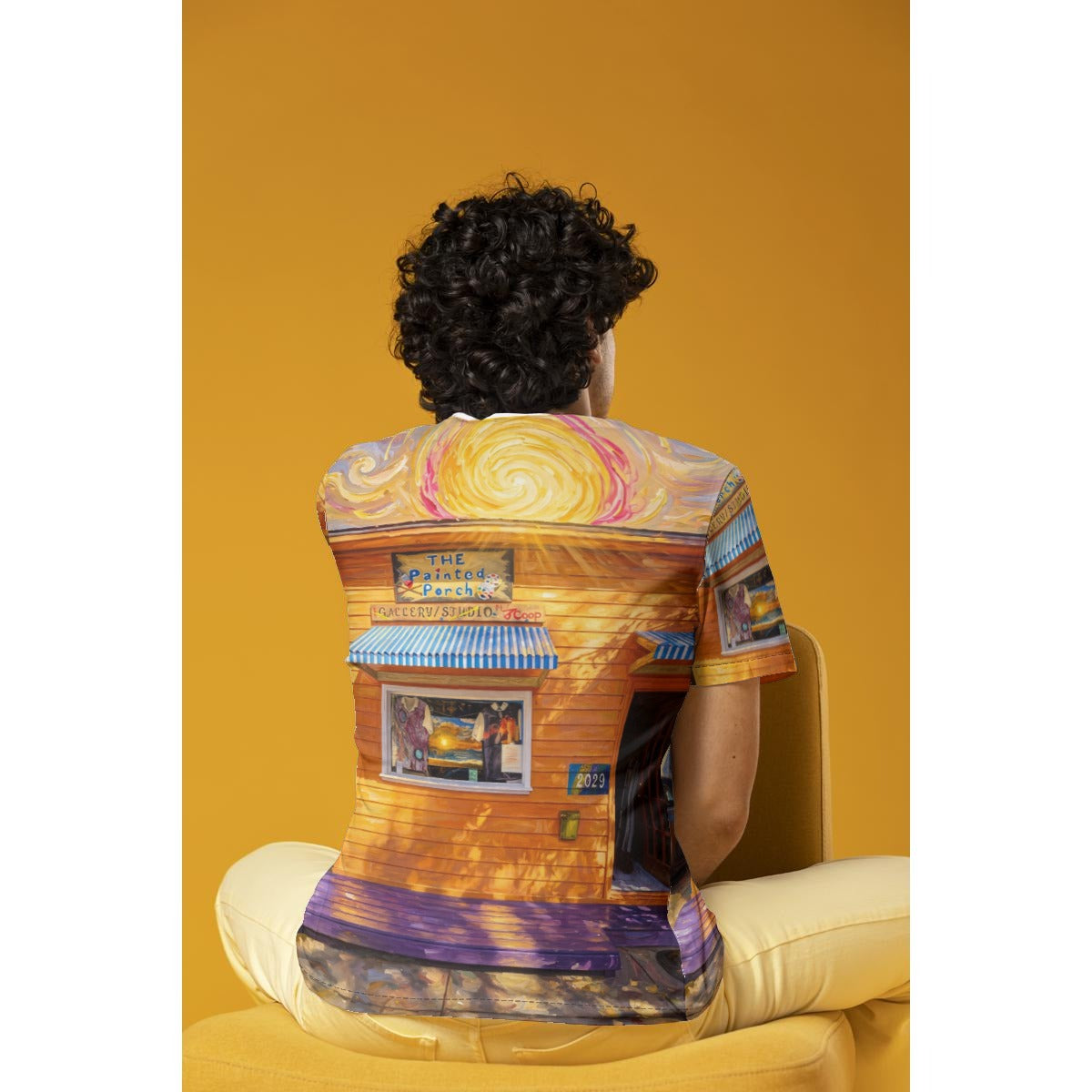 Golden Hour at the Painted Porch (AI-Assisted Remix) — Gallery Remix All-Over Print Tee