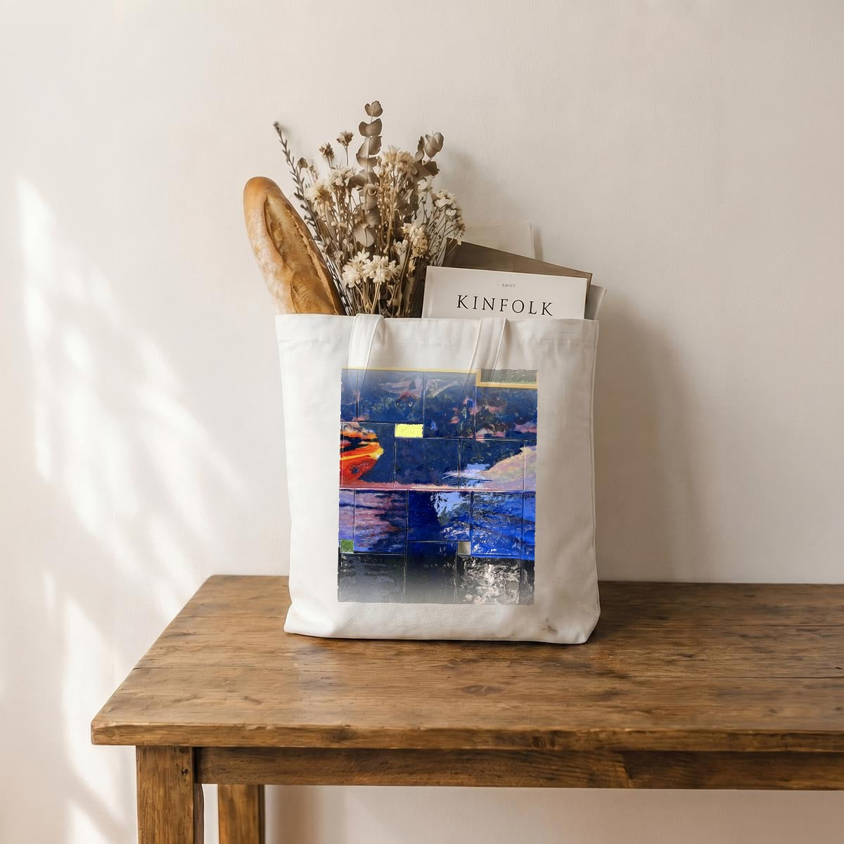 Blue Stepped Sunset — Feathered Fade Tote Bag