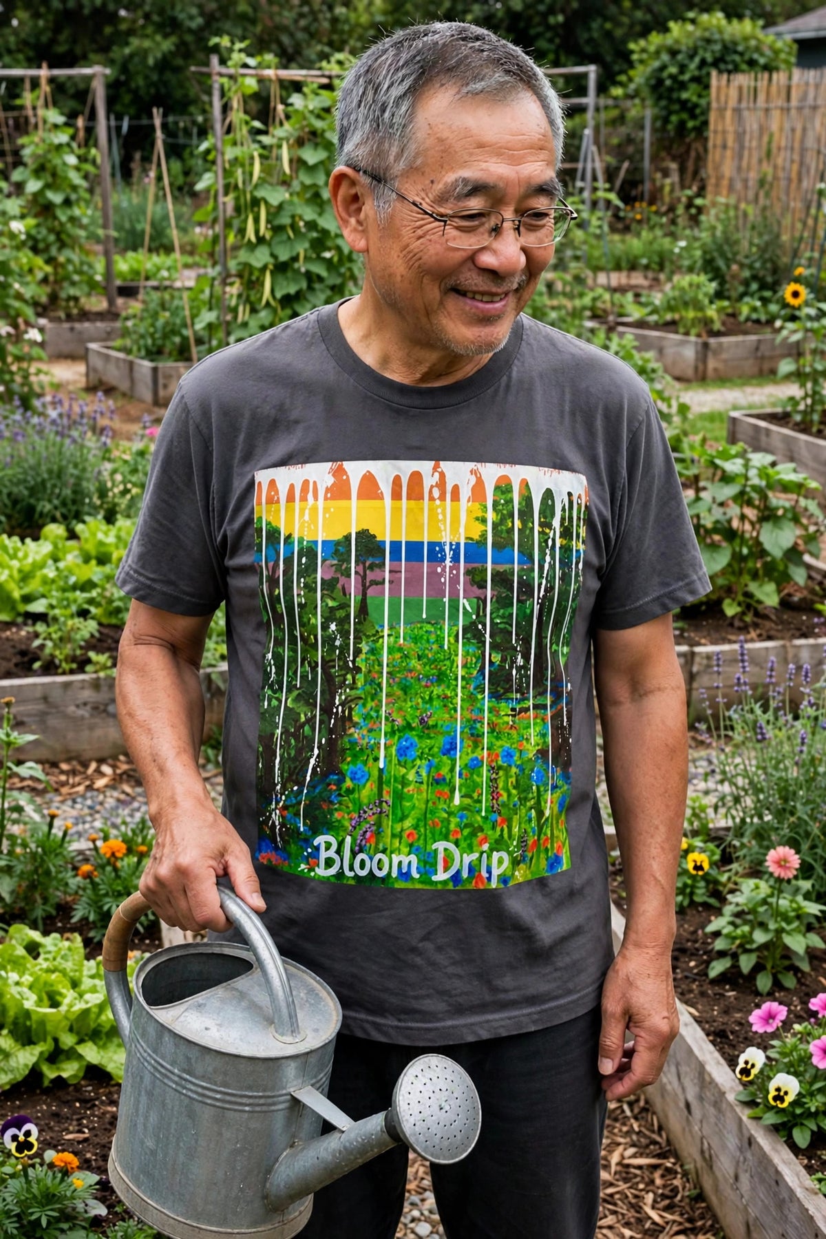 Older man wearing the Bloom Drip art print t-shirt in a community garden