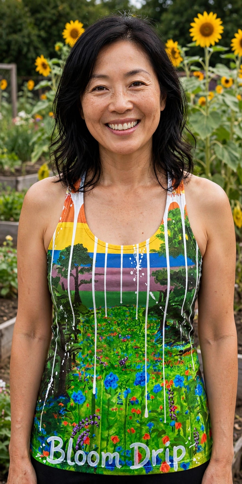Woman modeling the Bloom Drip women's racerback tank — East Asian woman in her 40s, shoulder-length black hair, community garden with sunflowers