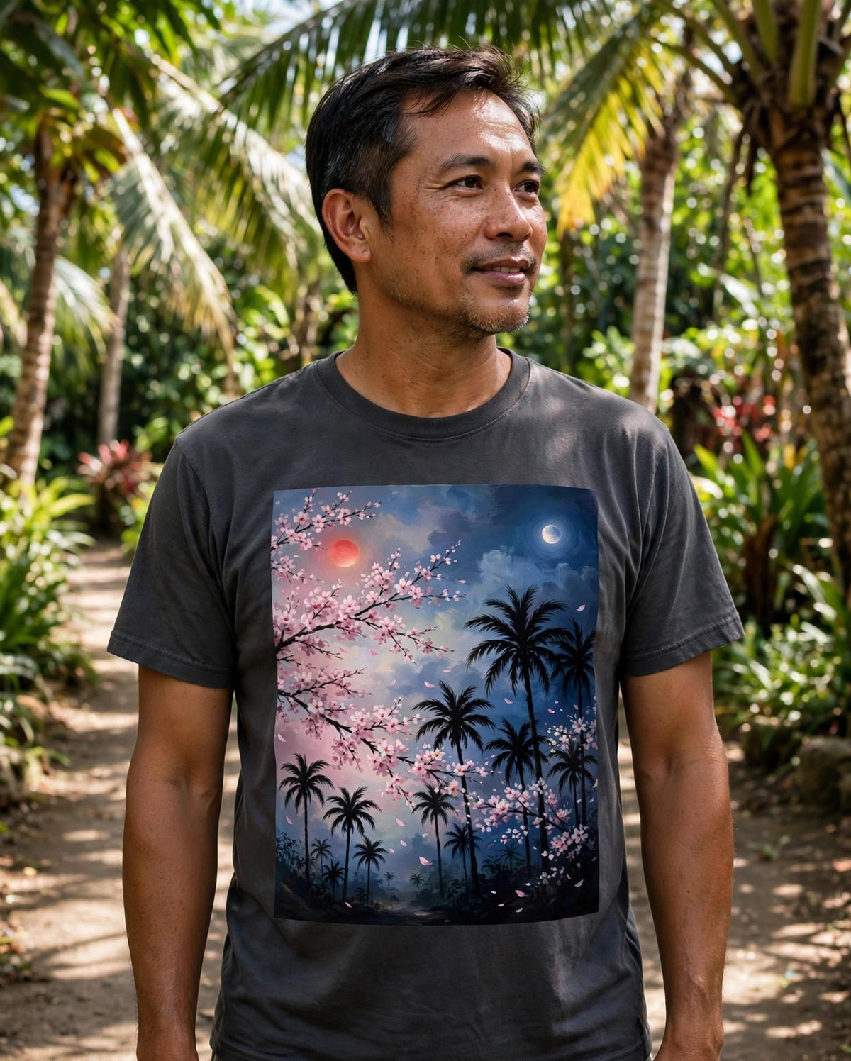 Man wearing the Blossom Palms art print t-shirt on a tropical palm path