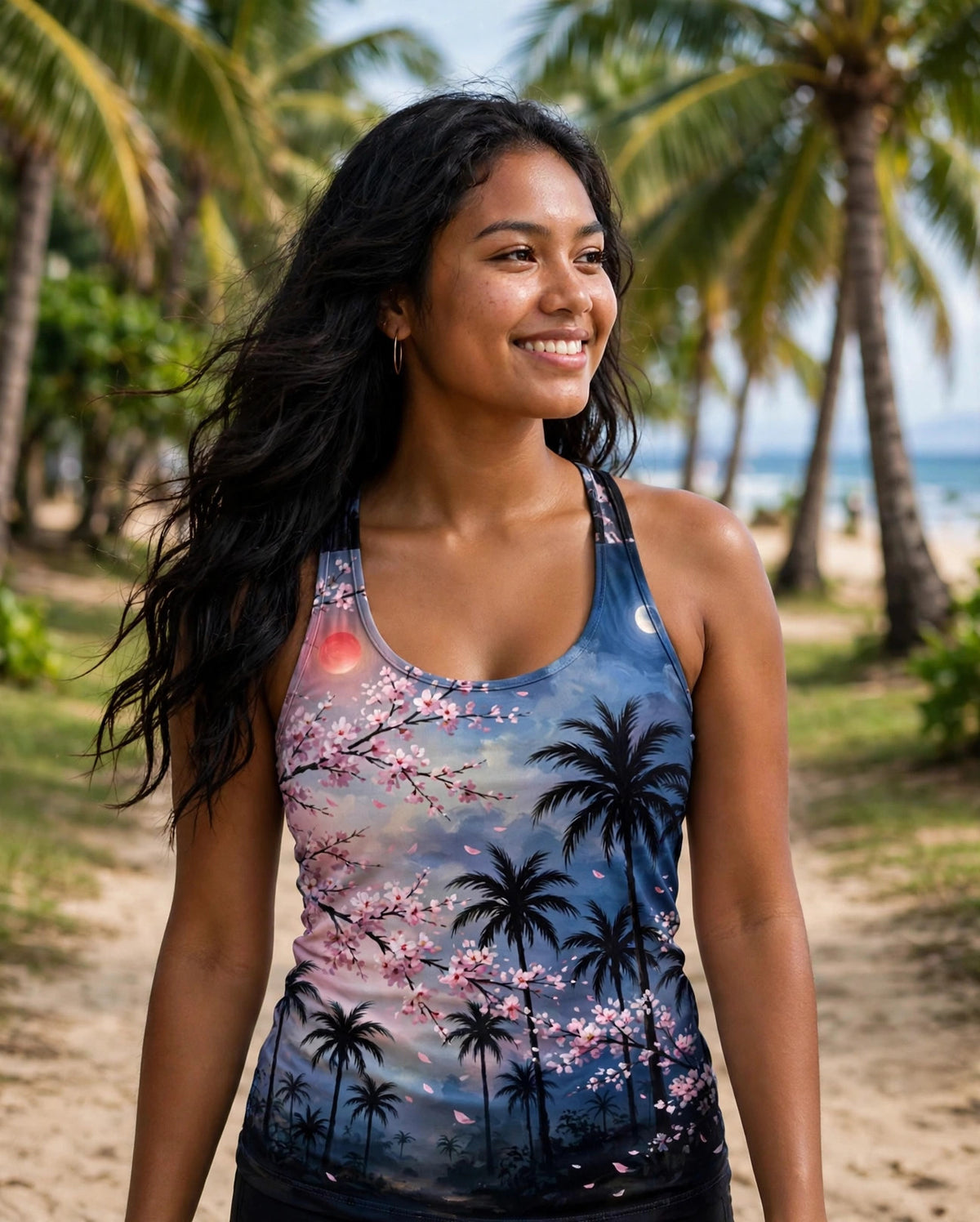 Woman modeling the Blossom Palms women's racerback tank — Pacific Islander woman in her 20s, long wavy black hair, tropical beach path with palms