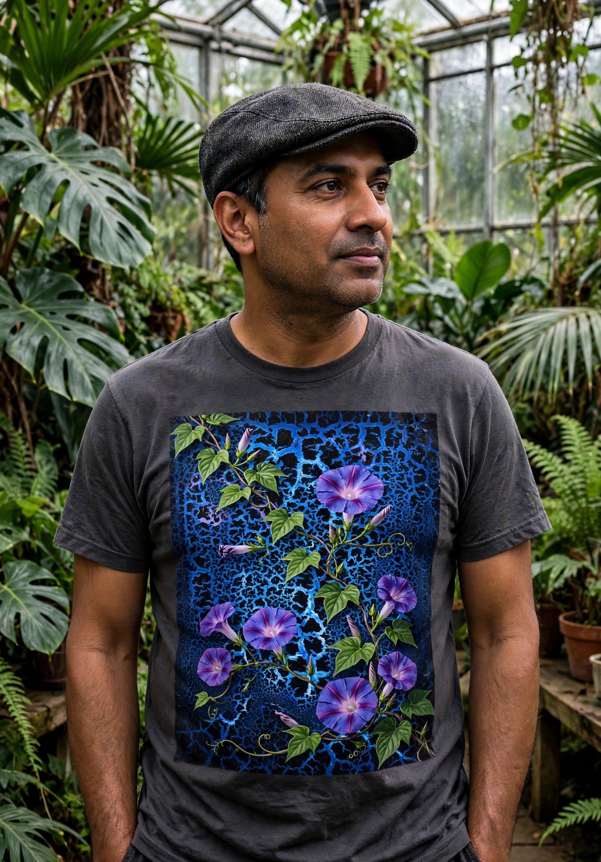 Man wearing the Cobalt Bloom art print t-shirt in a botanical greenhouse