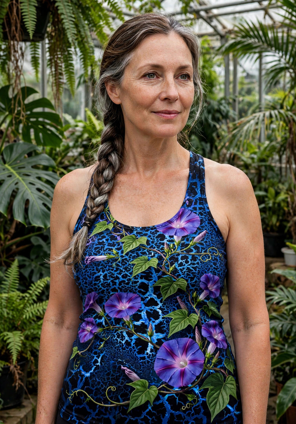Woman modeling the Cobalt Bloom women's racerback tank — White woman in her 50s, silver-streaked braid, botanical greenhouse