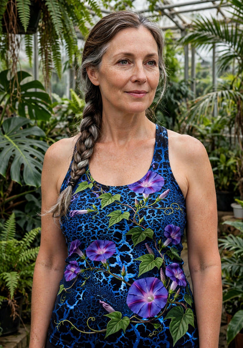 Woman modeling the Cobalt Bloom women's racerback tank — White woman in her 50s, silver-streaked braid, botanical greenhouse