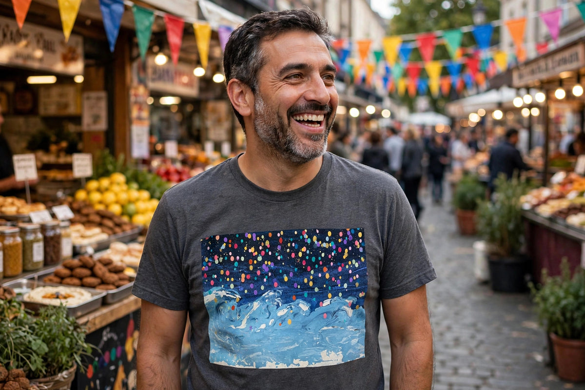 Man wearing the Confetti Tide art print t-shirt at a street fair