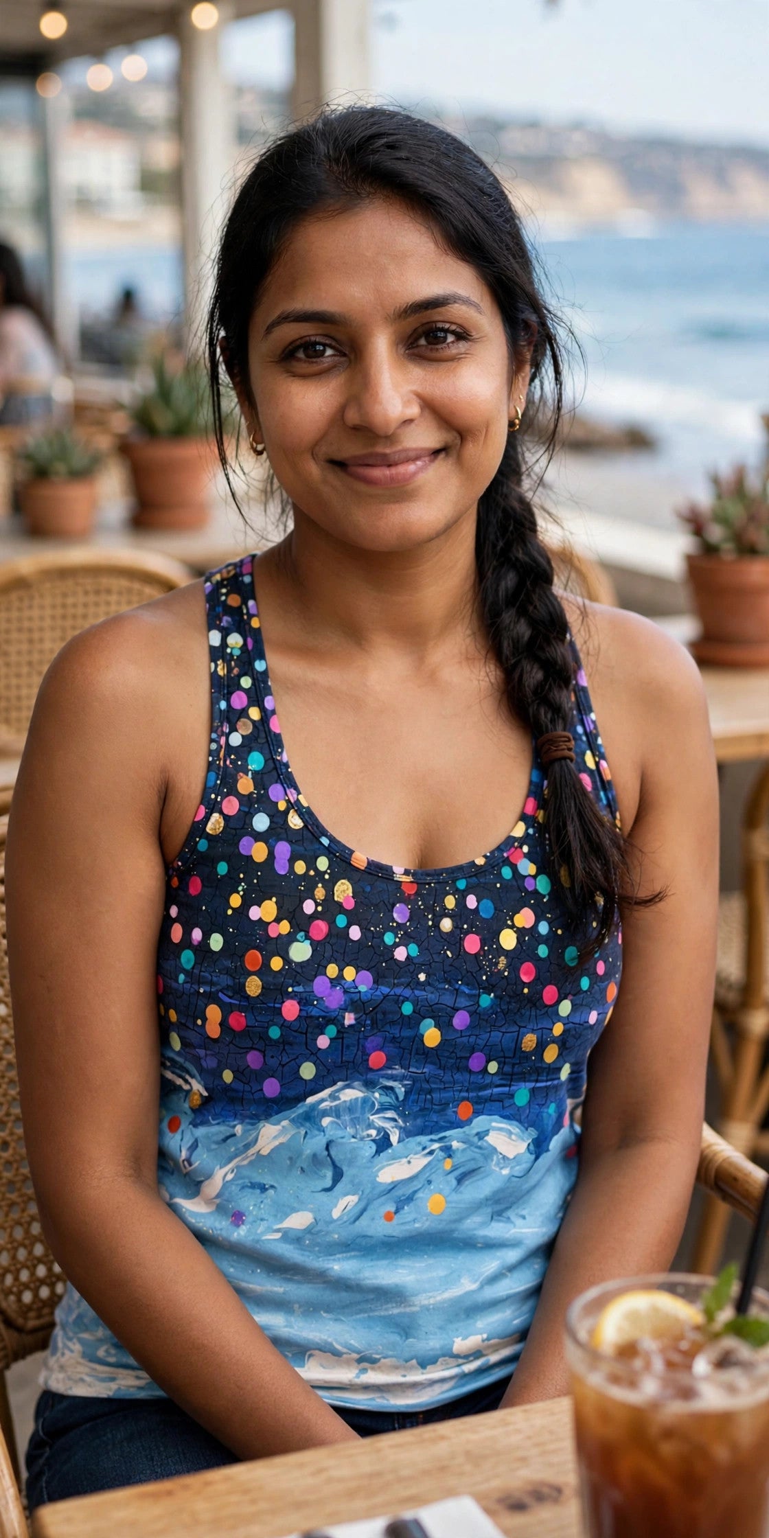 Woman modeling the Confetti Tide women's racerback tank — South Asian woman in her 30s, side braid, seaside cafe terrace