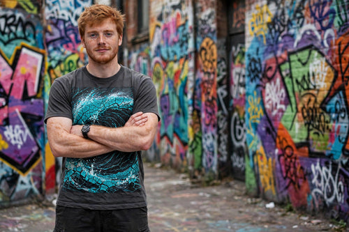 Man wearing the Crackle Breaker art print t-shirt in front of a graffiti wall