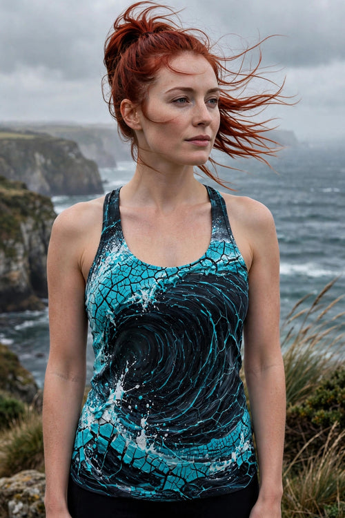 Woman modeling the Crackle Breaker women's racerback tank — White woman in her 30s, red hair in a bun, windswept coastal cliffs