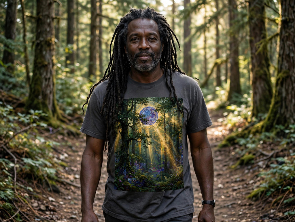 Man wearing the Deepwood Light art print t-shirt on a forest trail