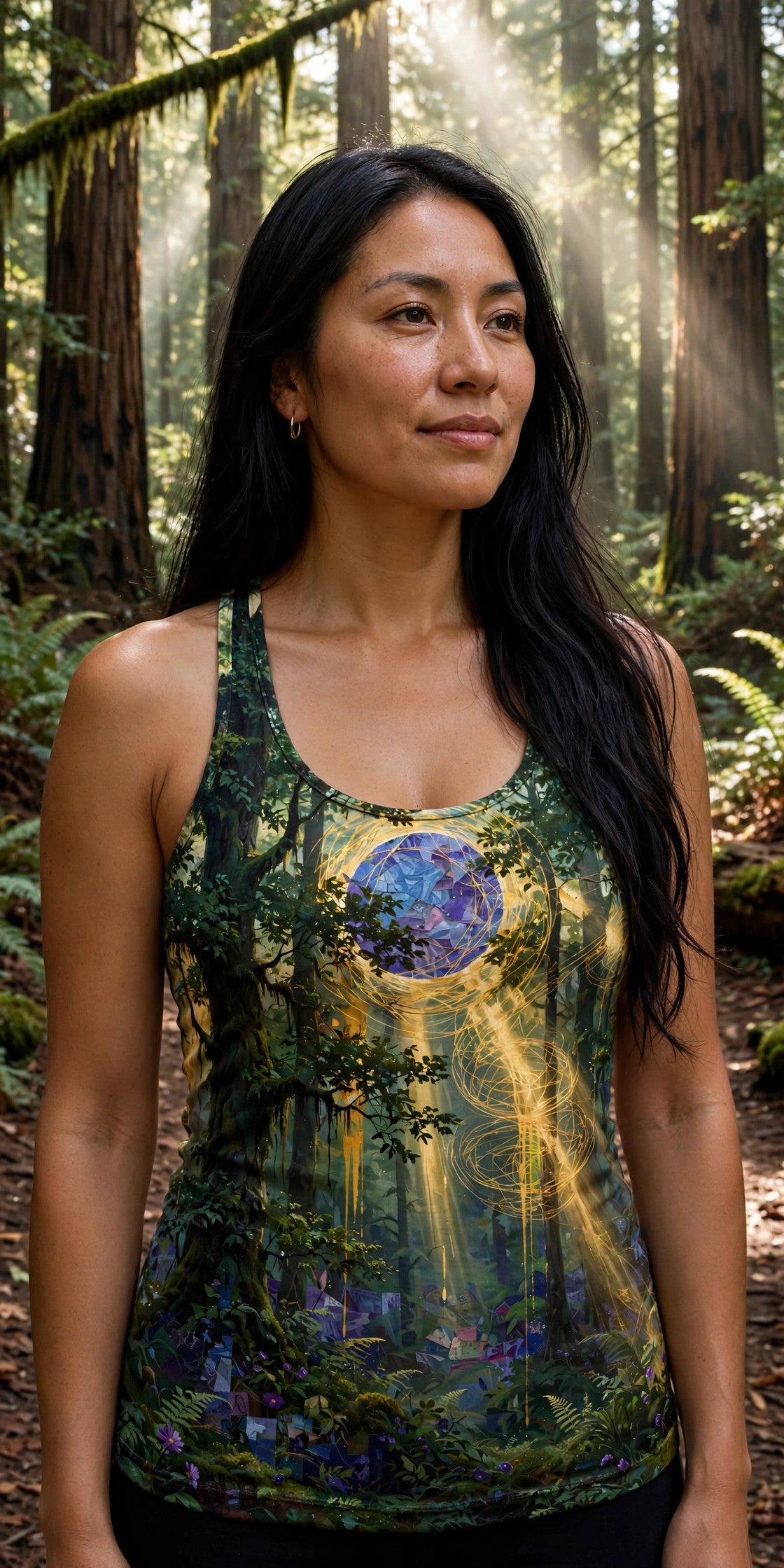 Woman modeling the Deepwood Light women's racerback tank — Native American woman in her 30s, long straight black hair, redwood forest trail