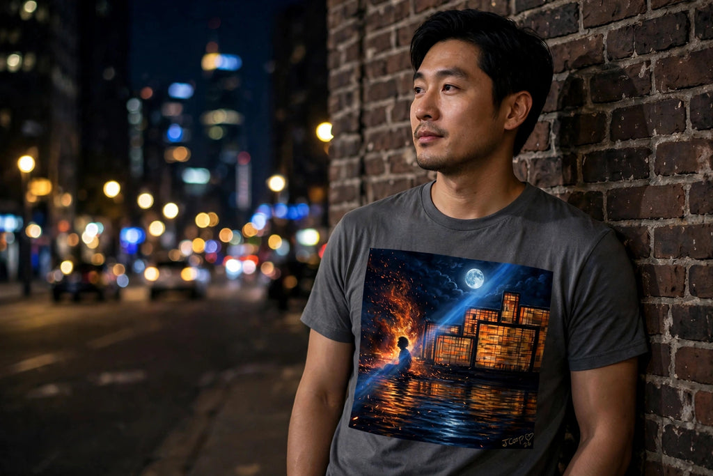 Man wearing the Ember City Moonrise art print t-shirt leaning on a brick wall at night