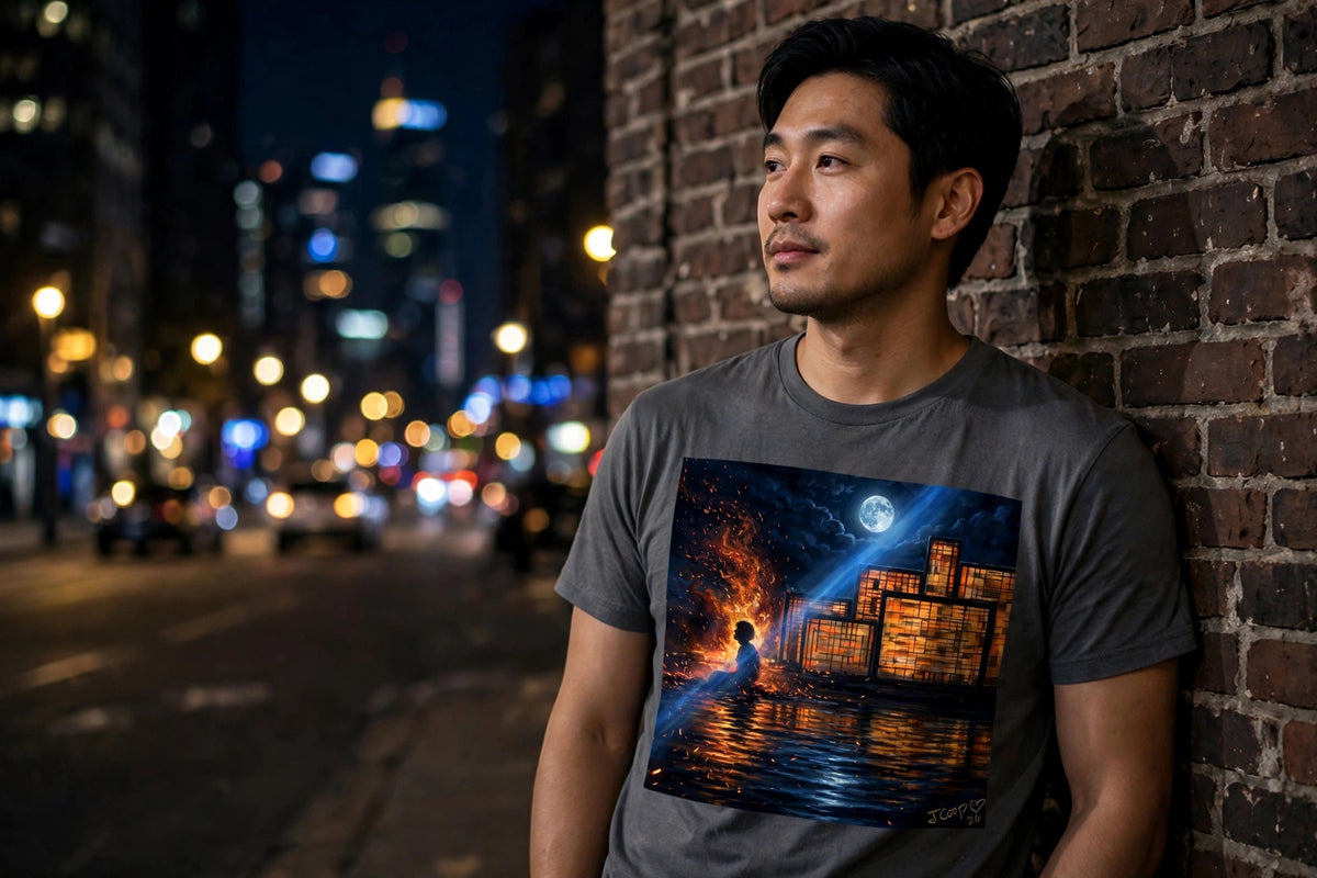 Man wearing the Ember City Moonrise art print t-shirt leaning on a brick wall at night