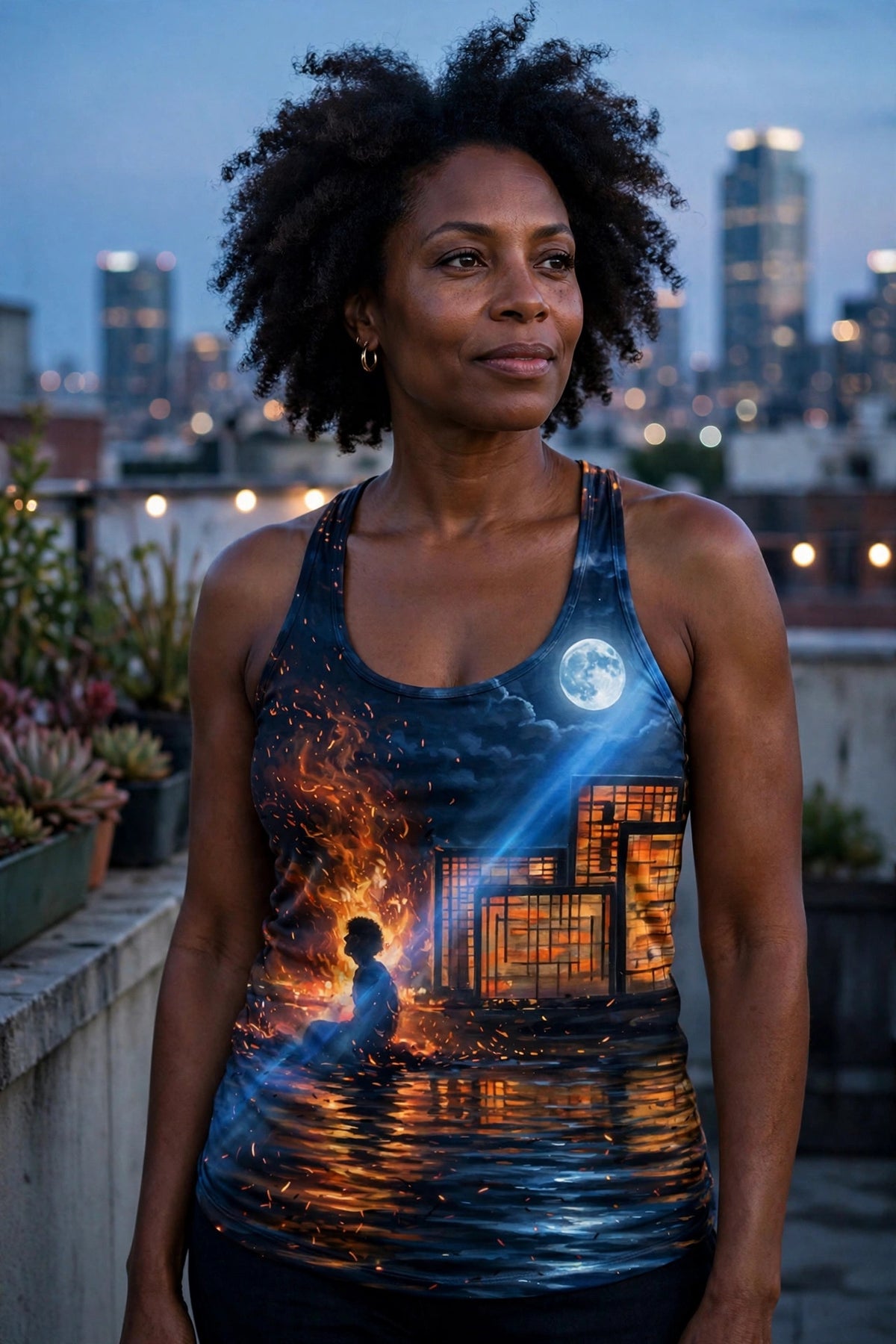 Woman modeling the Ember City Moonrise women's racerback tank — Black woman in her 30s, natural afro, rooftop at dusk with city skyline