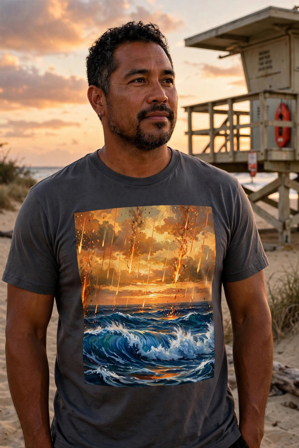 Man wearing the Ember Swell art print t-shirt beside a lifeguard tower at sunset