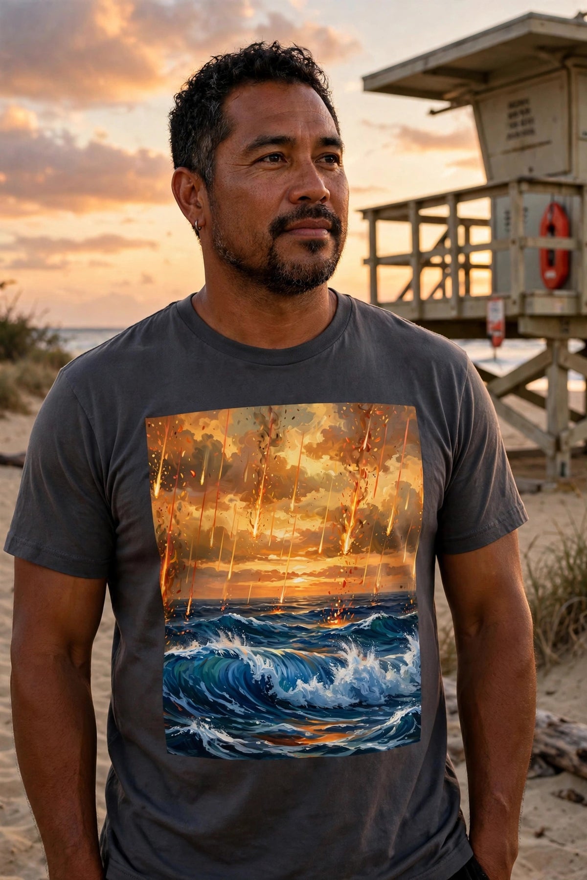 Man wearing the Ember Swell art print t-shirt beside a lifeguard tower at sunset