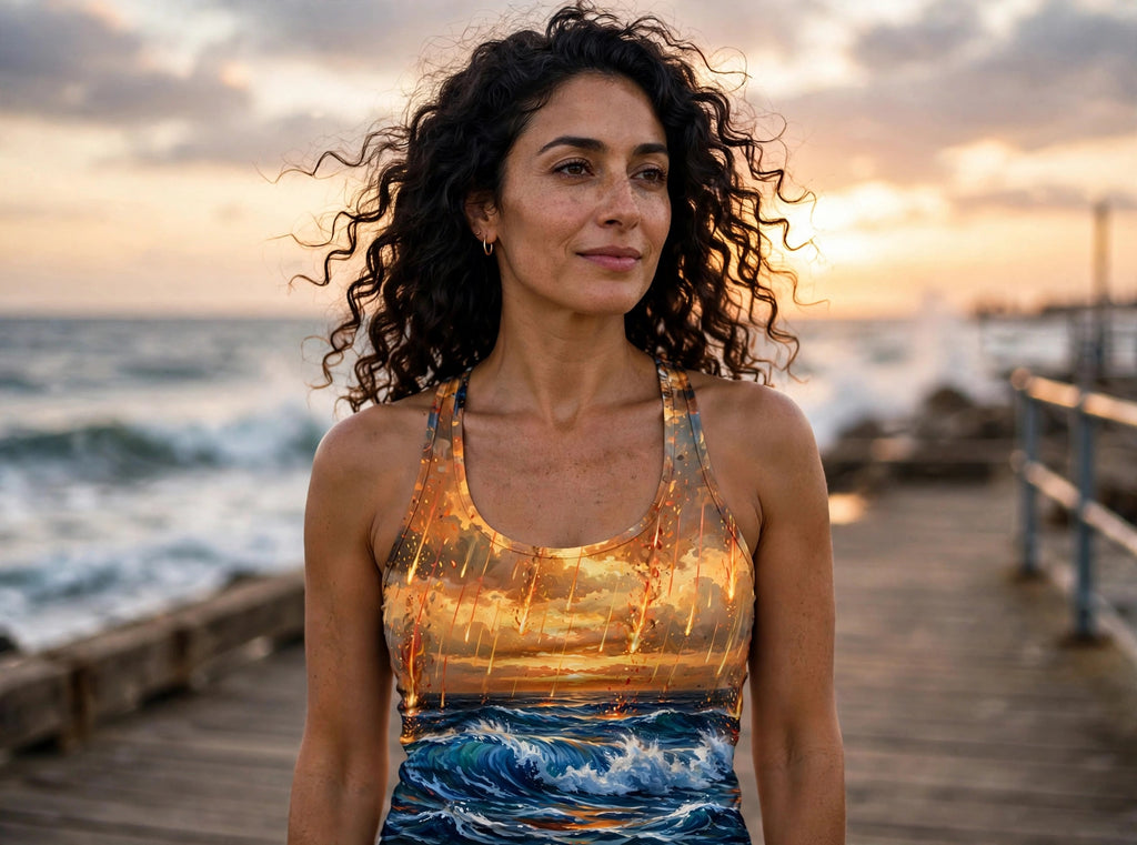 Woman modeling the Ember Swell women's racerback tank — Middle Eastern woman in her 30s, curly dark hair, seaside pier at sunset