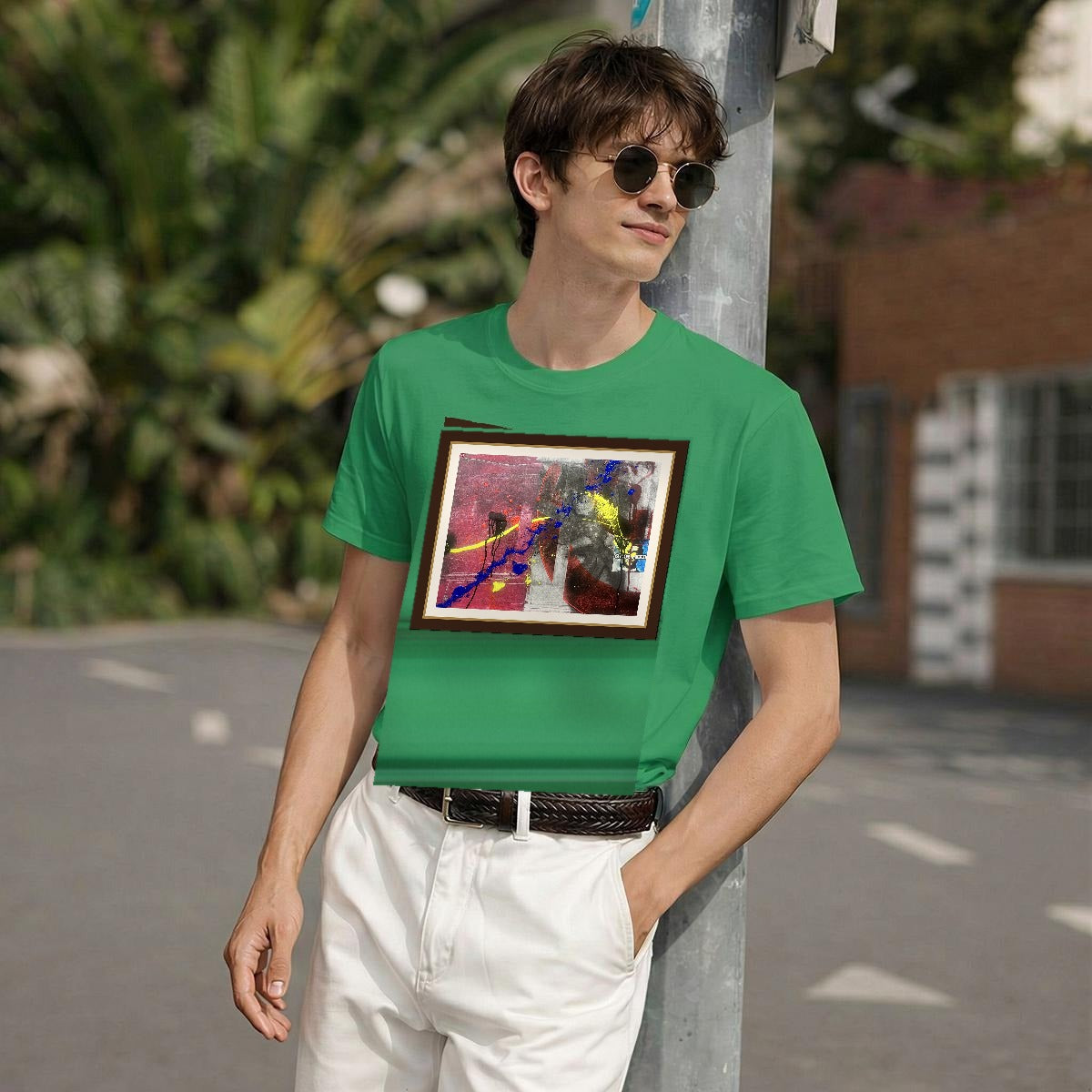 Godspeed gallery framed classic tee worn by a model