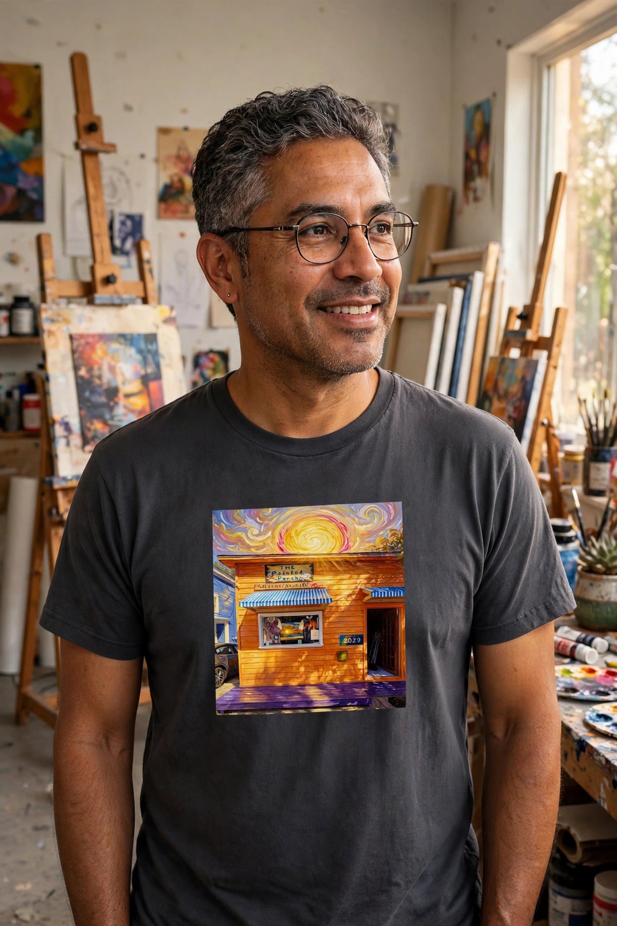Man wearing the Golden Hour at the Painted Porch art print t-shirt in an art studio