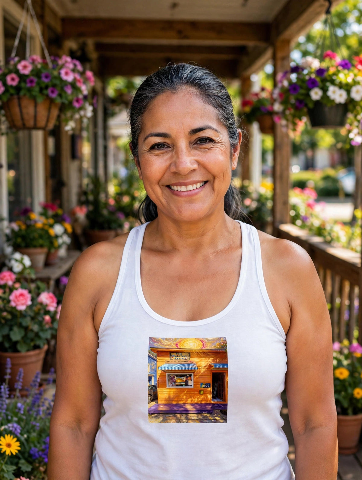 Woman modeling the Golden Hour at the Painted Porch women's racerback tank — Latina woman in her 50s, silver-streaked hair pulled back, sunny flower-lined porch