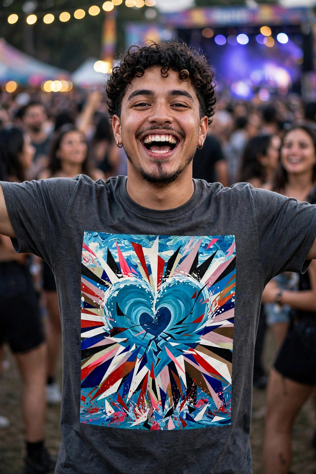 Man wearing the Heart Burst art print t-shirt laughing at an outdoor festival