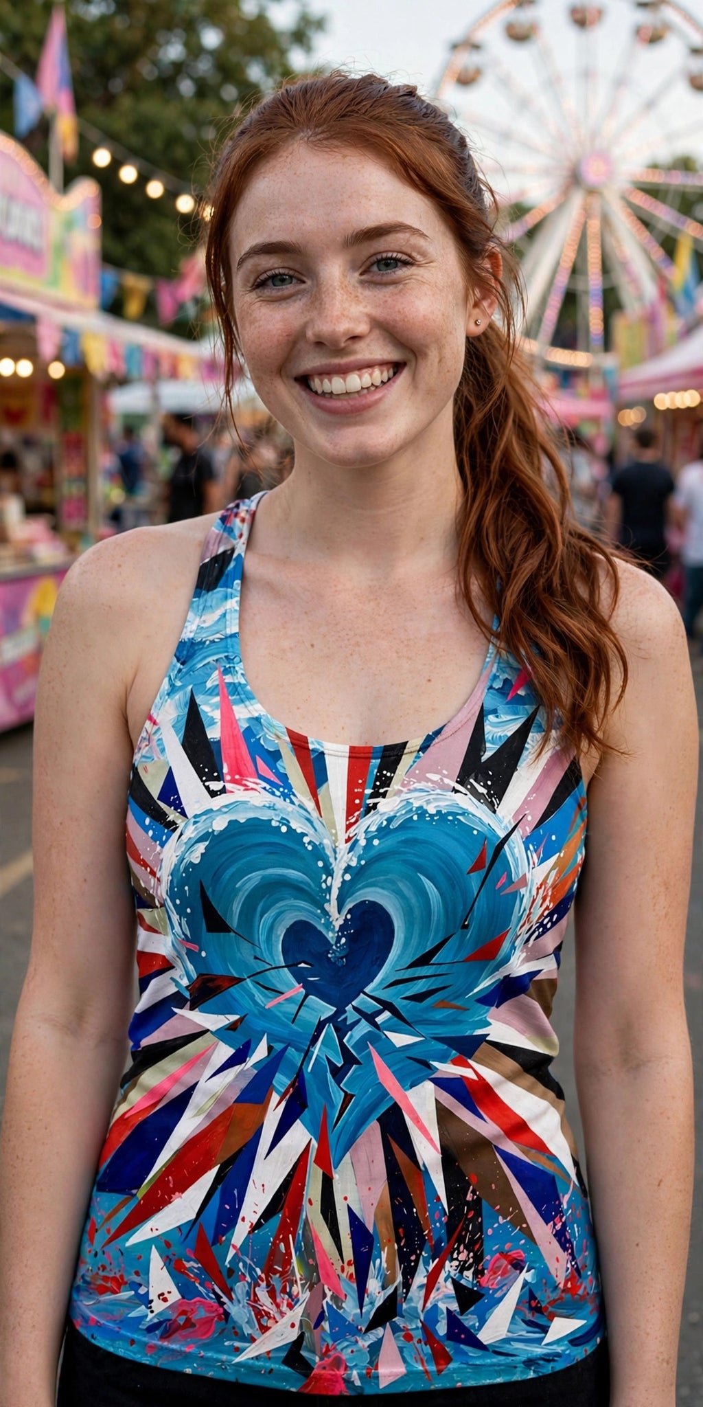 Woman modeling the Heart Burst women's racerback tank — White woman in her 20s, freckles and auburn ponytail, street fair with ferris wheel