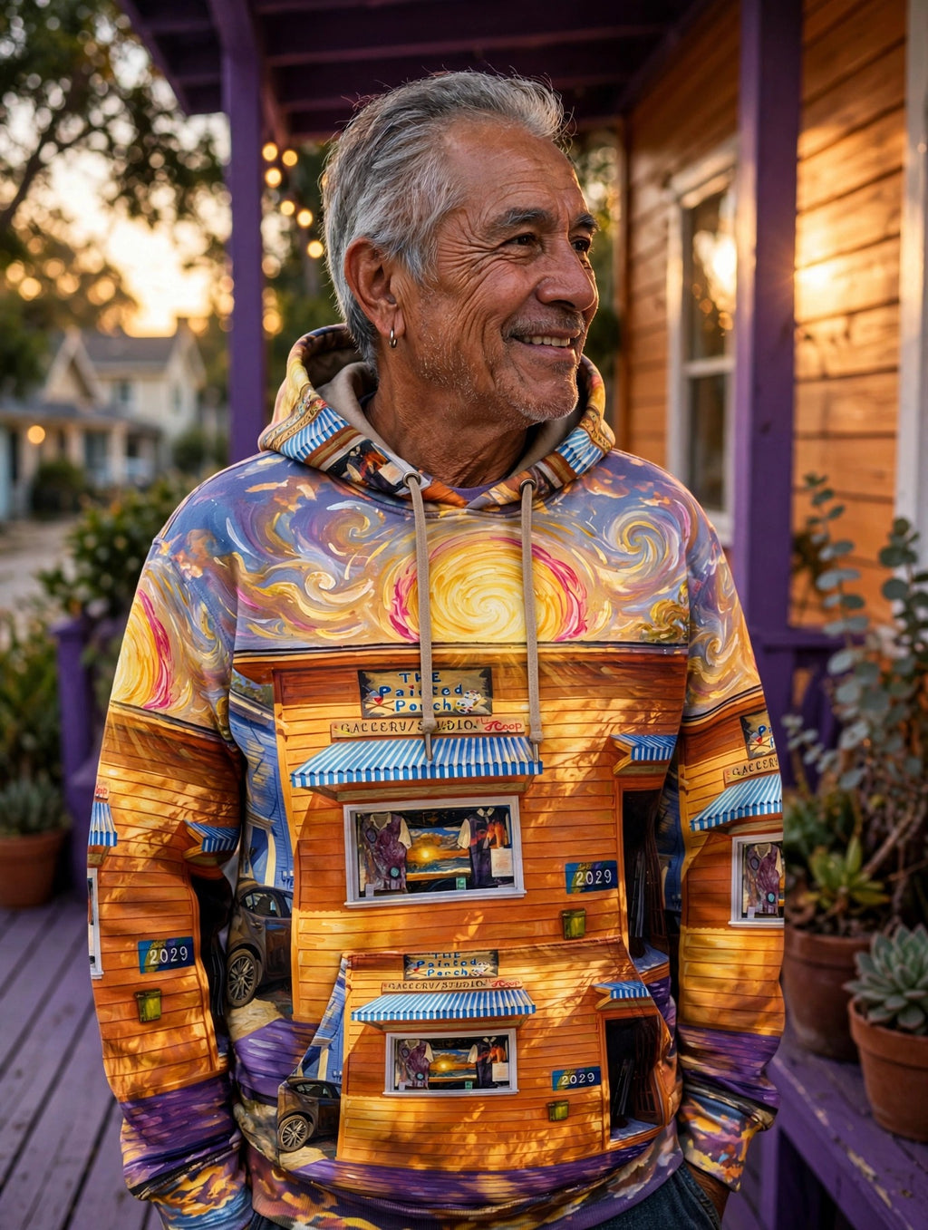 Golden Hour at the Painted Porch (AI-Assisted Remix) — Gallery Remix Pullover Hoodie