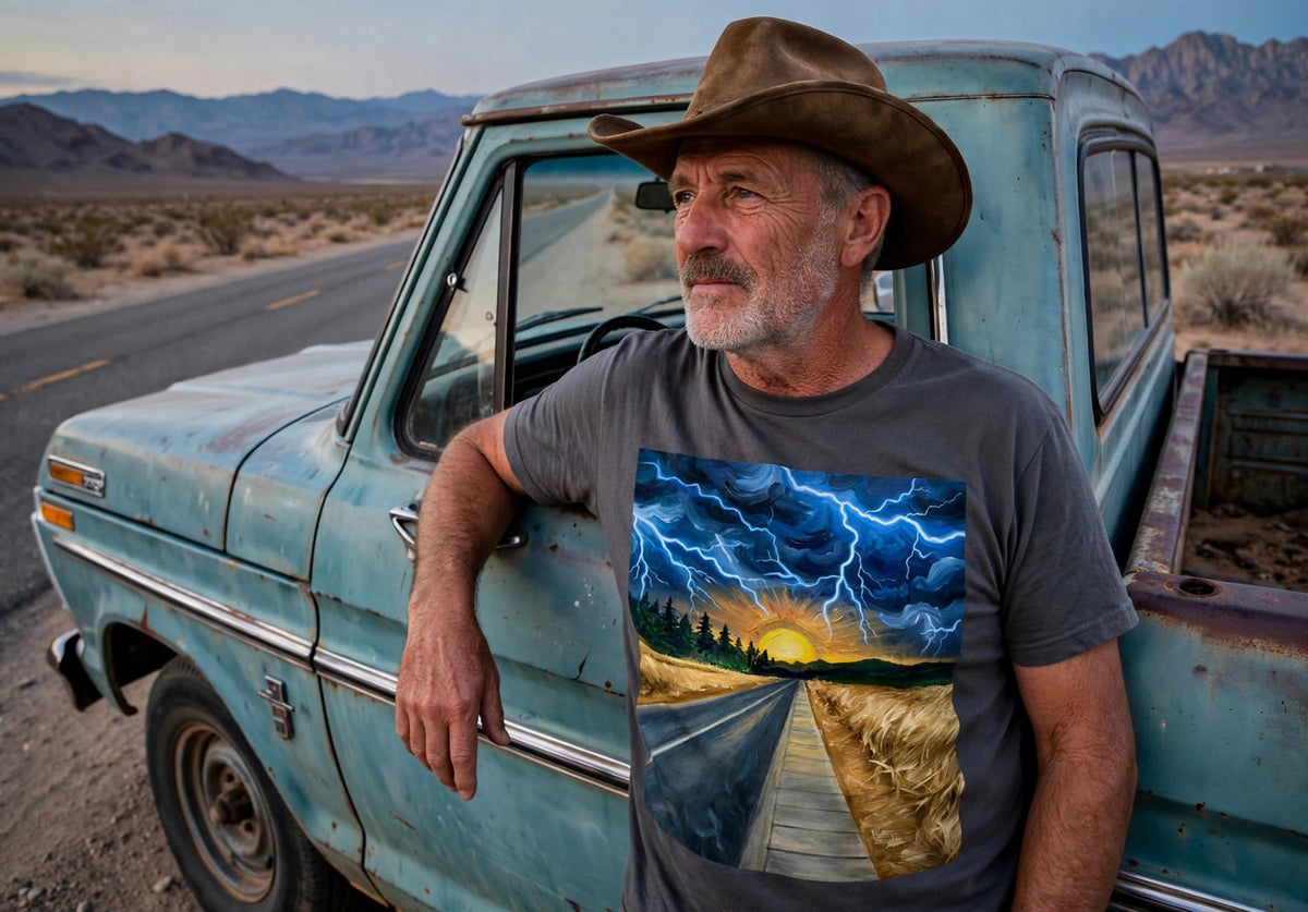 Man wearing the Lightning Road art print t-shirt leaning on a vintage pickup truck