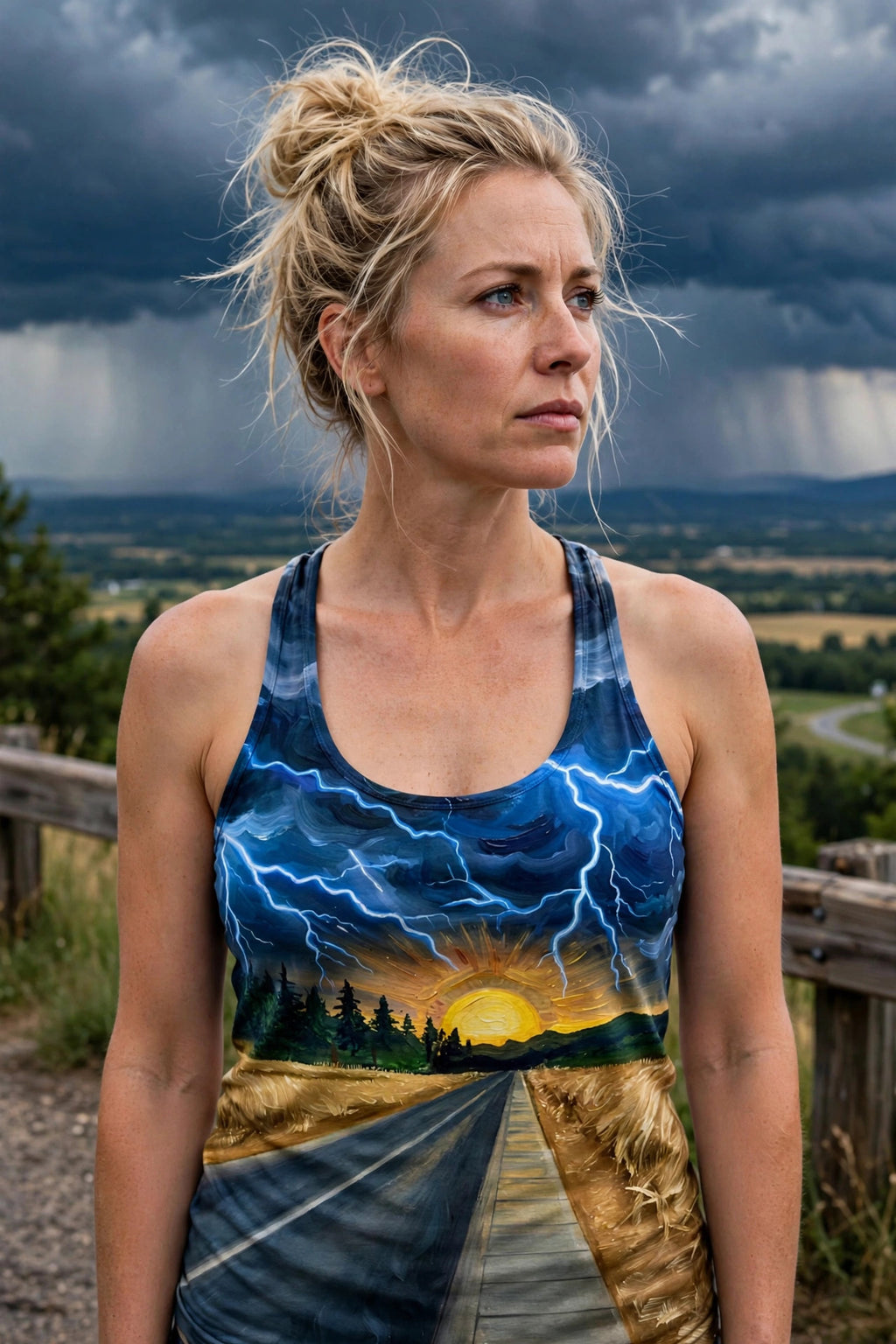 Woman modeling the Lightning Road women's racerback tank — White woman in her 30s, blonde messy bun, rural highway overlook with stormy sky