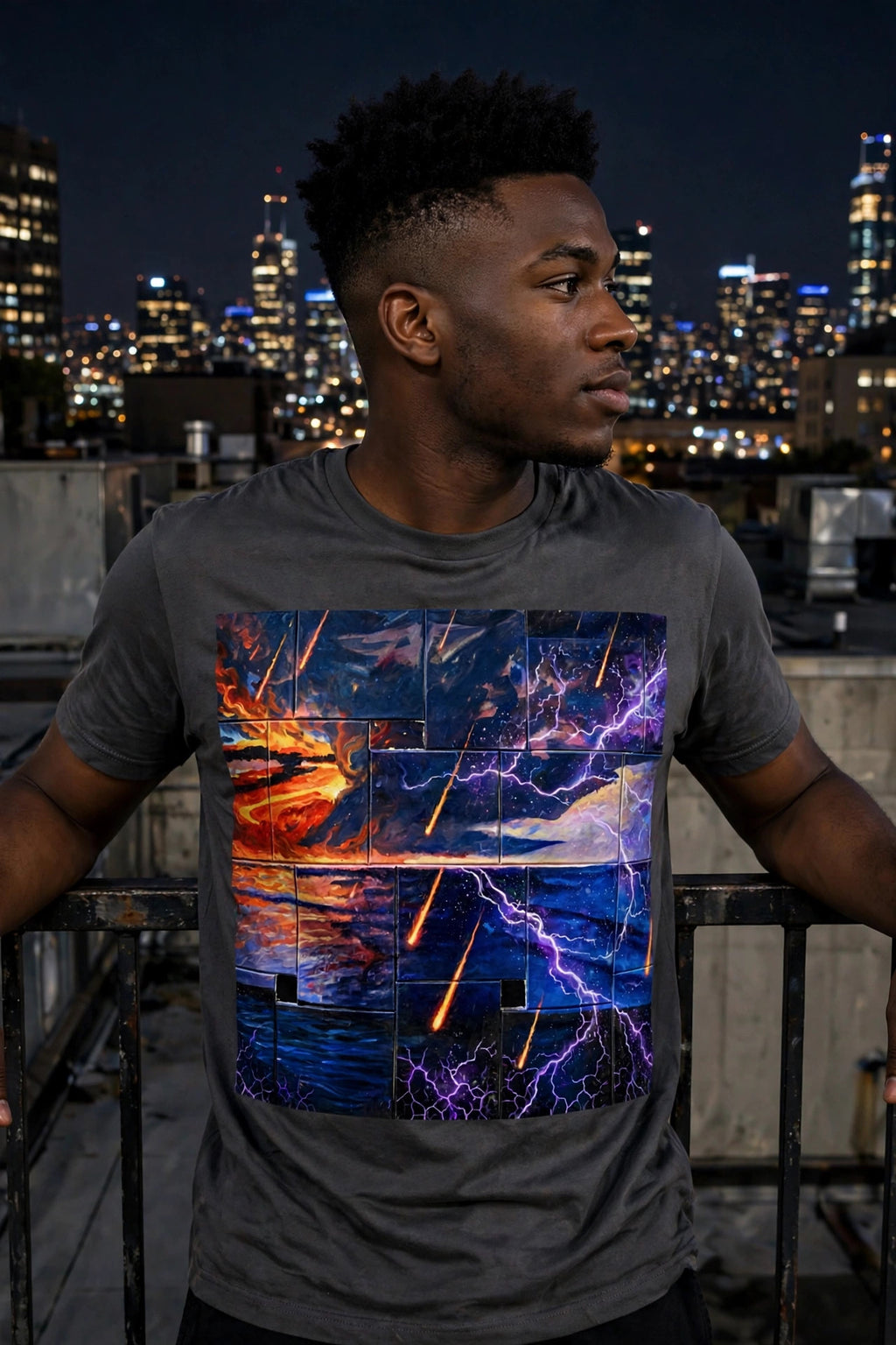 Man wearing the Meteor Ember Storm art print t-shirt on a city rooftop at night