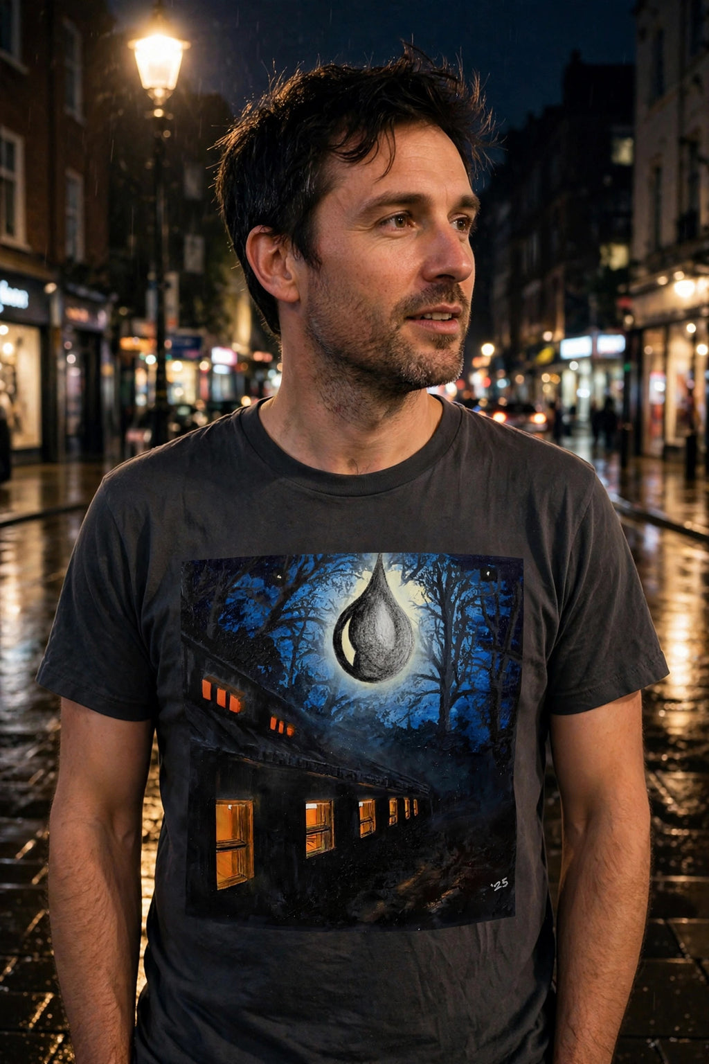 Man wearing the Midnight Tear art print t-shirt under a streetlamp at night