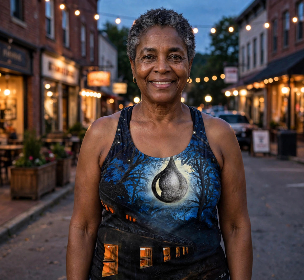 Woman modeling the Midnight Tear women's racerback tank — Black woman in her 50s, short gray-flecked natural hair, small-town main street at dusk