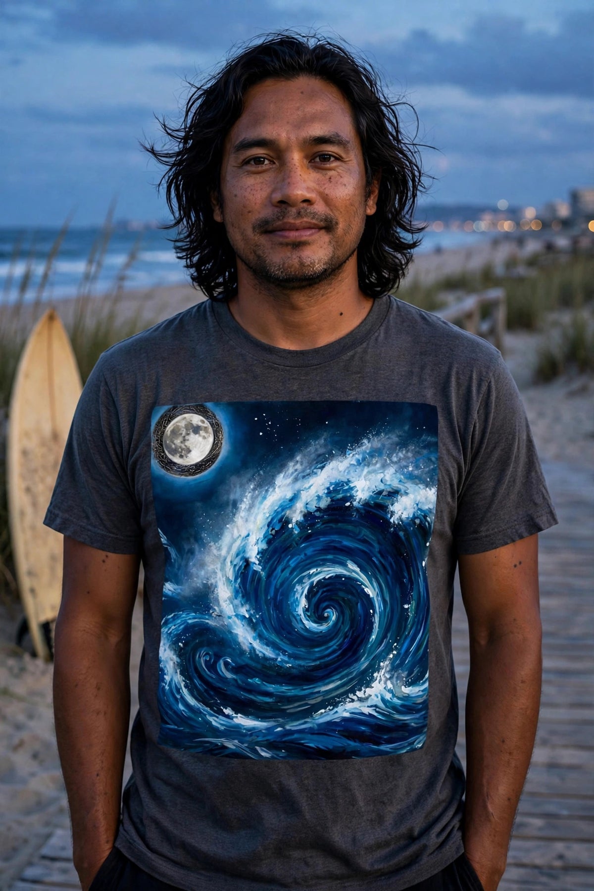 Man wearing the Moonlit Swell art print t-shirt on a beach boardwalk at twilight