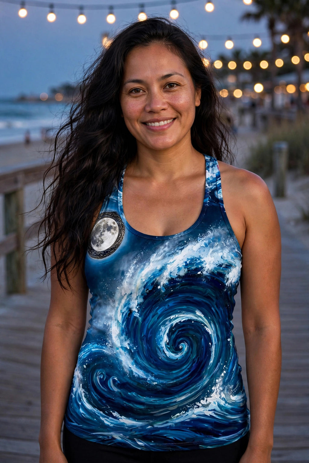 Woman modeling the Moonlit Swell women's racerback tank — Latina woman in her 40s, long dark wavy hair, boardwalk at dusk with string lights