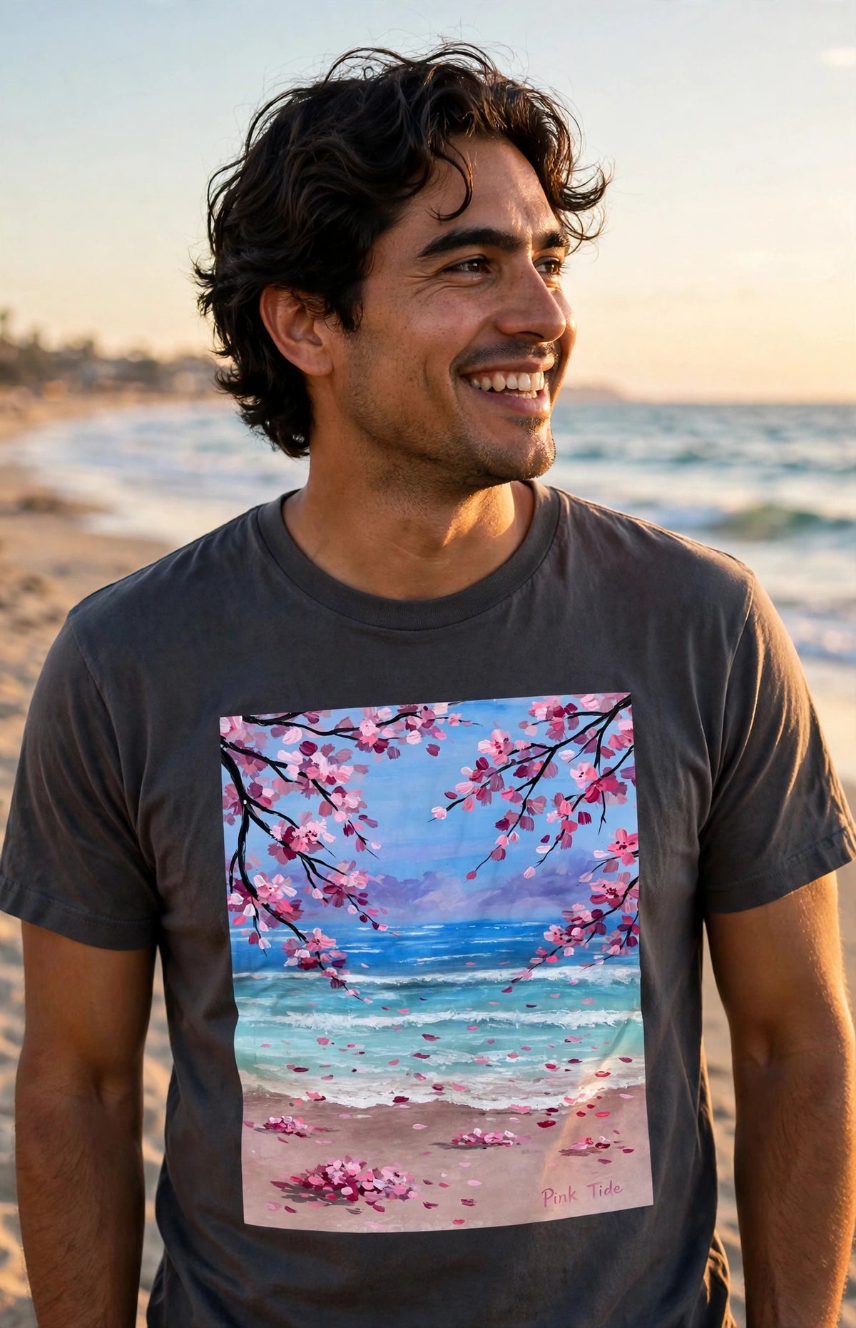 Man wearing the Pink Tide art print t-shirt on a beach at golden hour