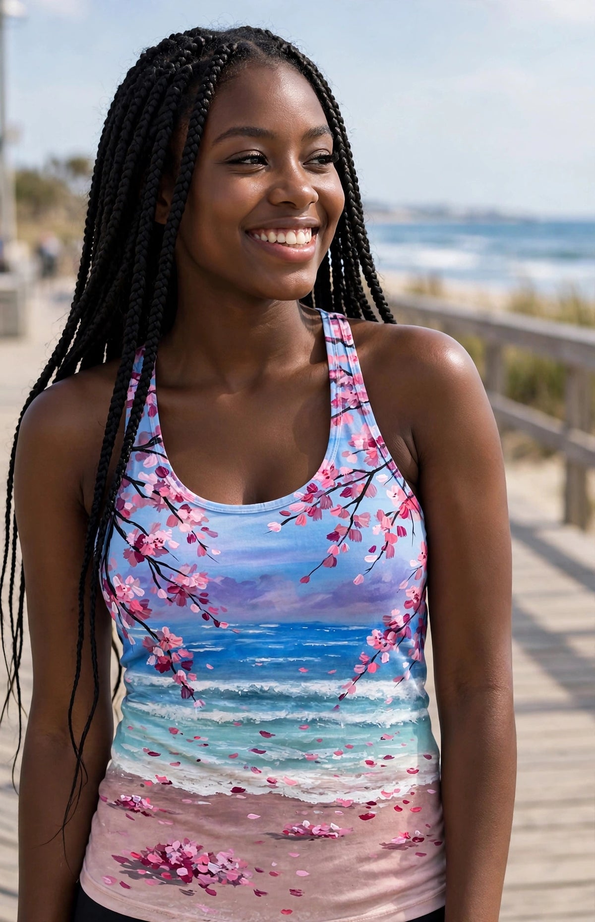 Woman modeling the Pink Tide women's racerback tank — Black woman in her 20s, long braids, beach boardwalk in bright daylight