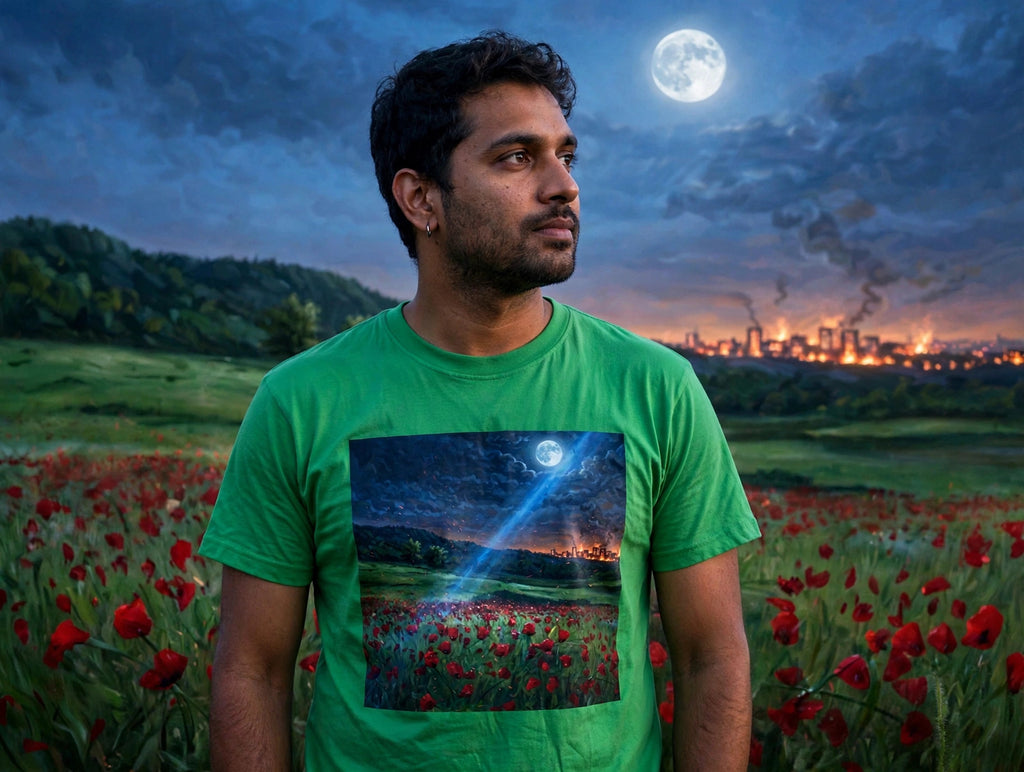 Man wearing the Poppy Moonrise art print green t-shirt in a poppy field at dusk