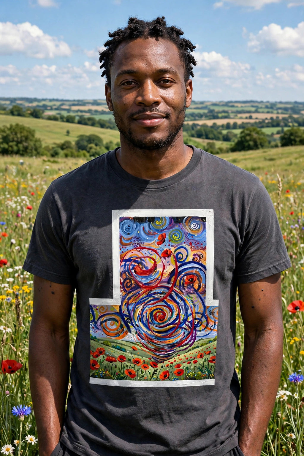 Man wearing the Poppy Swirl art print t-shirt in a wildflower meadow