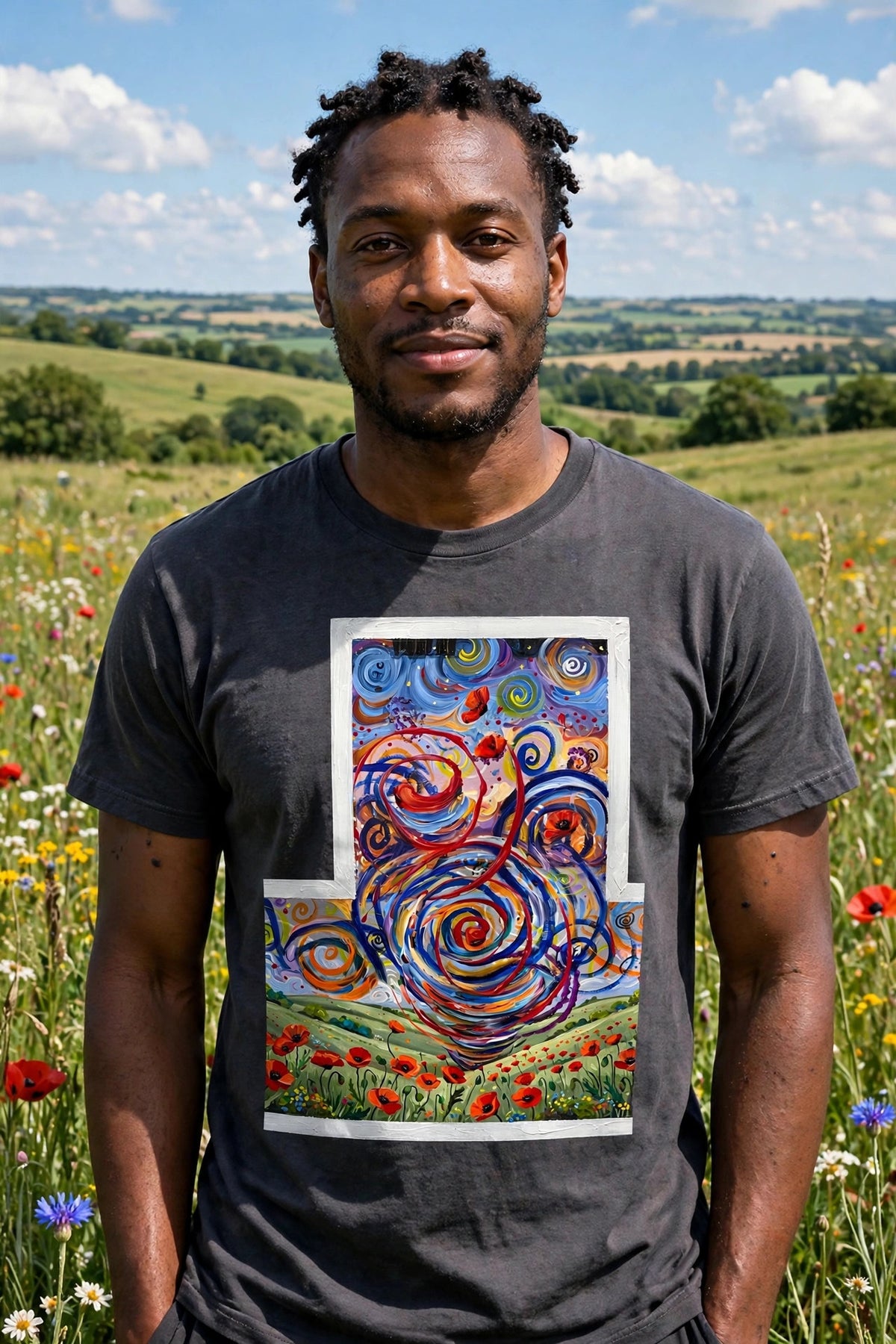 Man wearing the Poppy Swirl art print t-shirt in a wildflower meadow