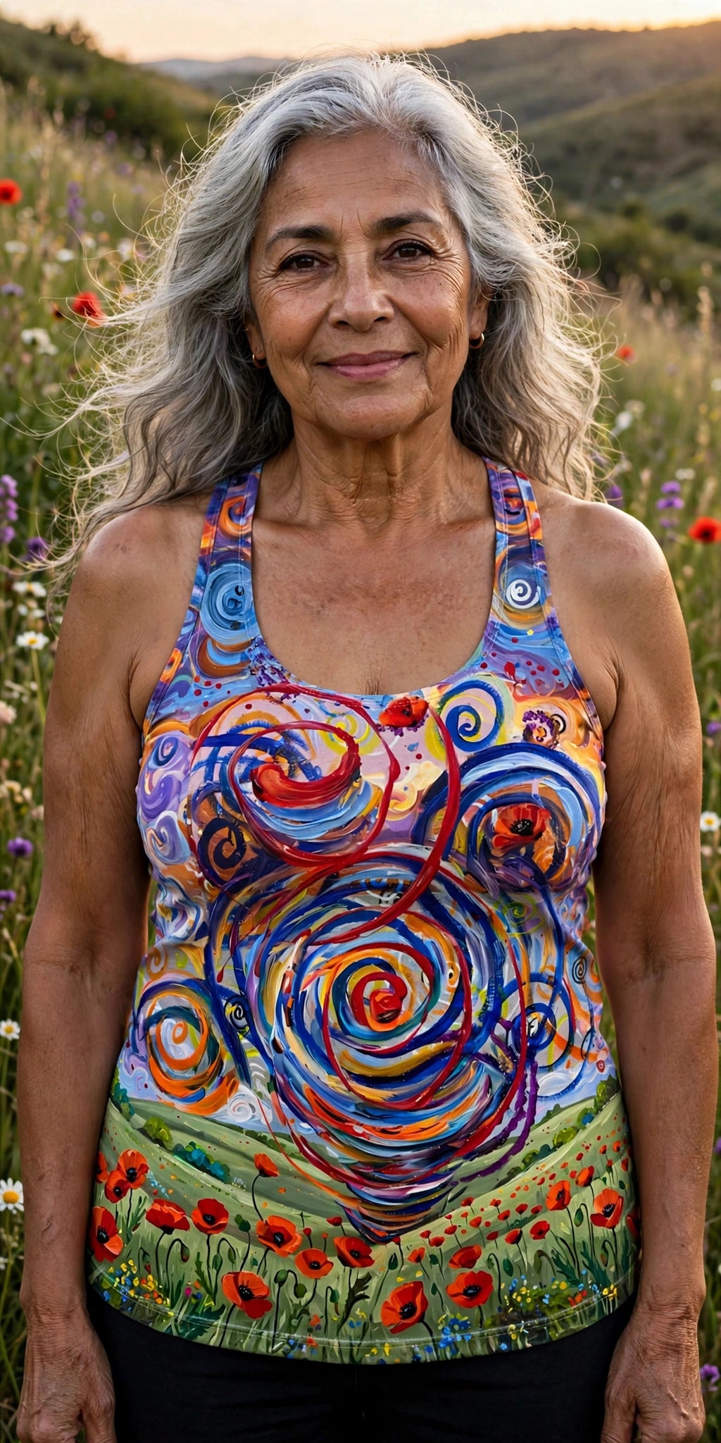 Woman modeling the Poppy Swirl women's racerback tank — Latina woman in her 60s, silver hair worn loose, wildflower meadow hillside
