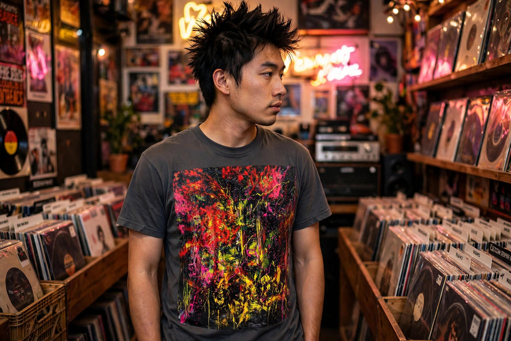 Man wearing the Scarlet Static art print t-shirt in a record store