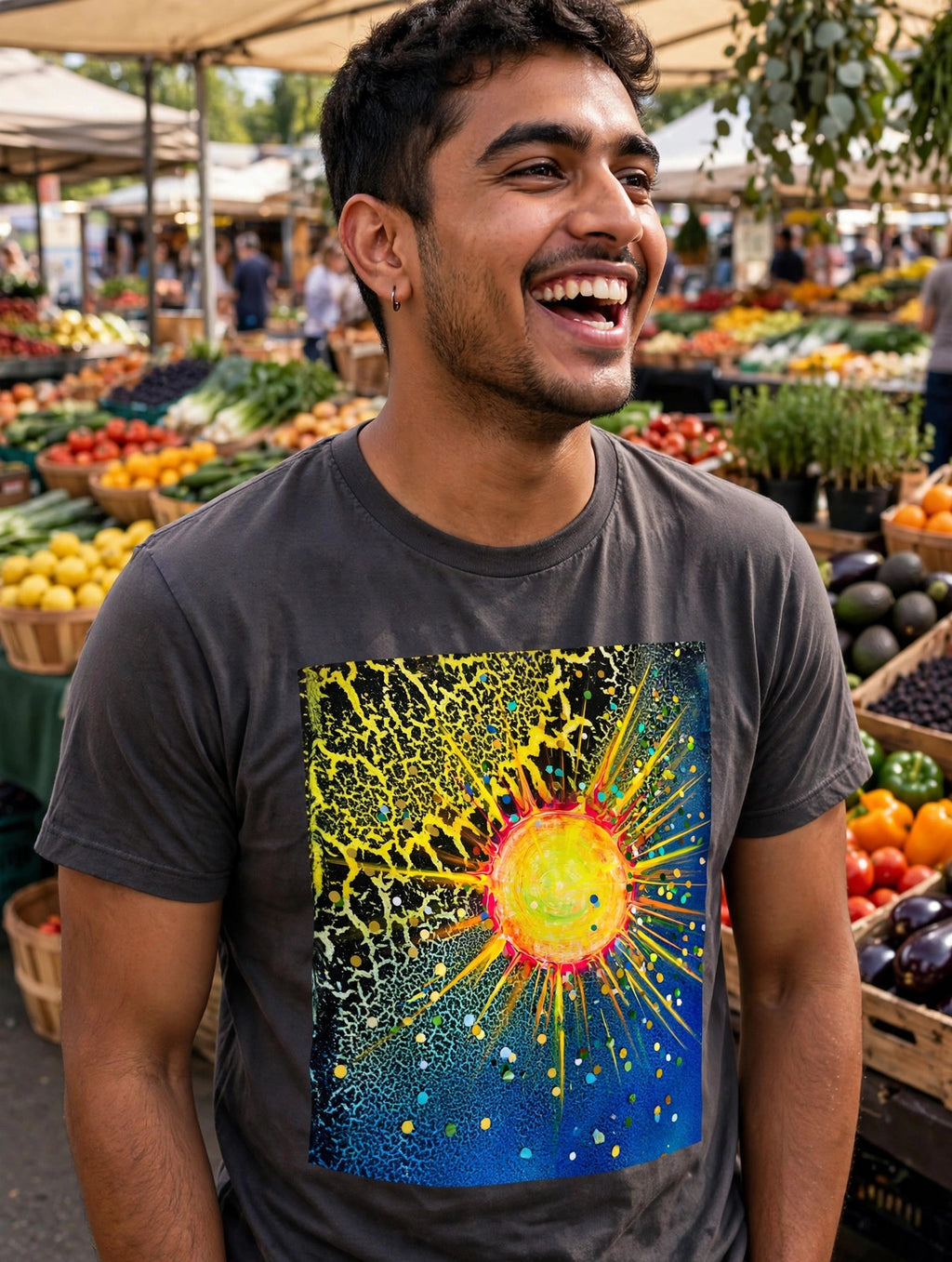 Man wearing the Solar Crackle art print t-shirt laughing at a farmers market