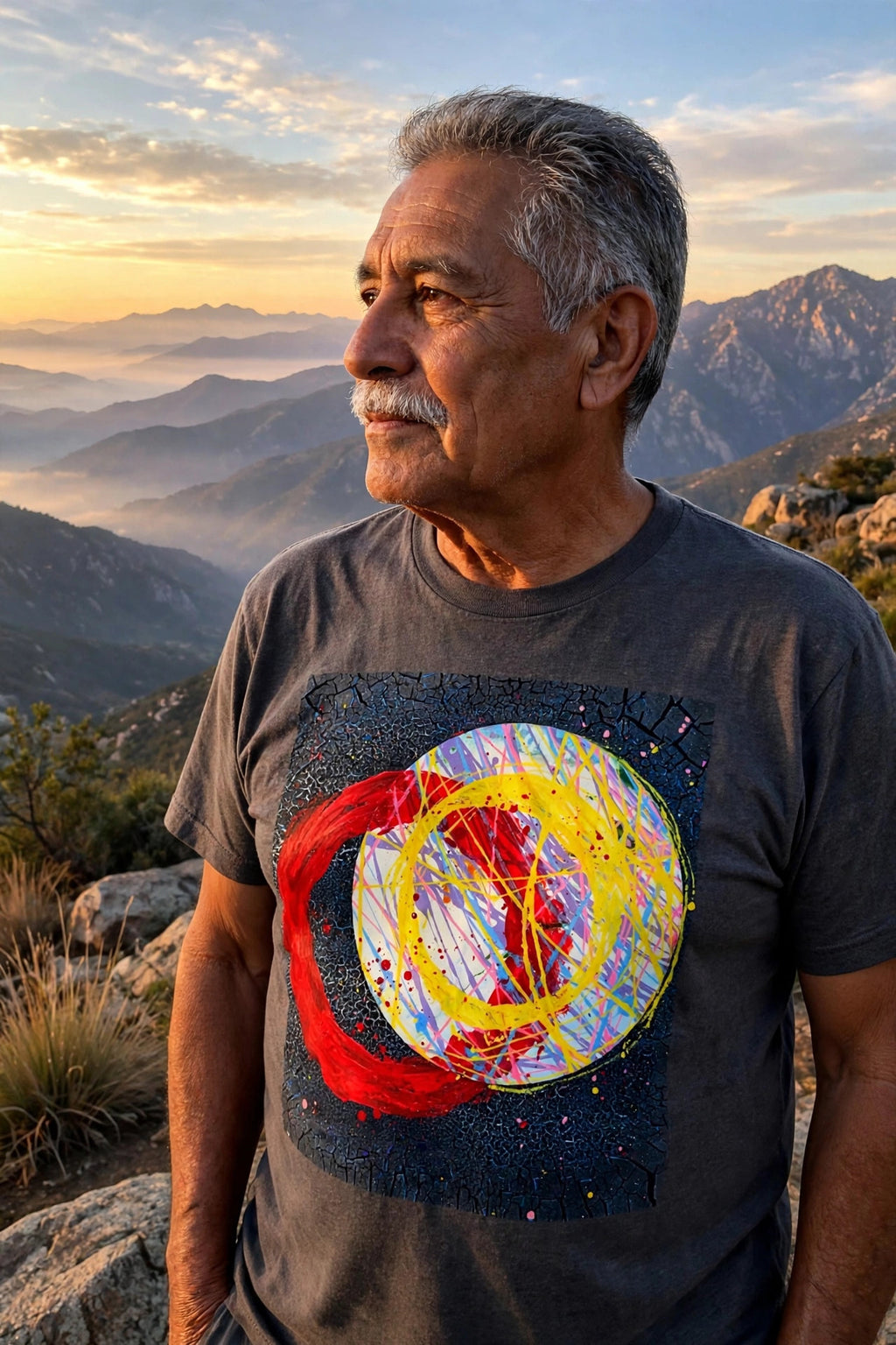 Older man wearing the Solar Ring art print t-shirt at a mountain overlook at sunrise