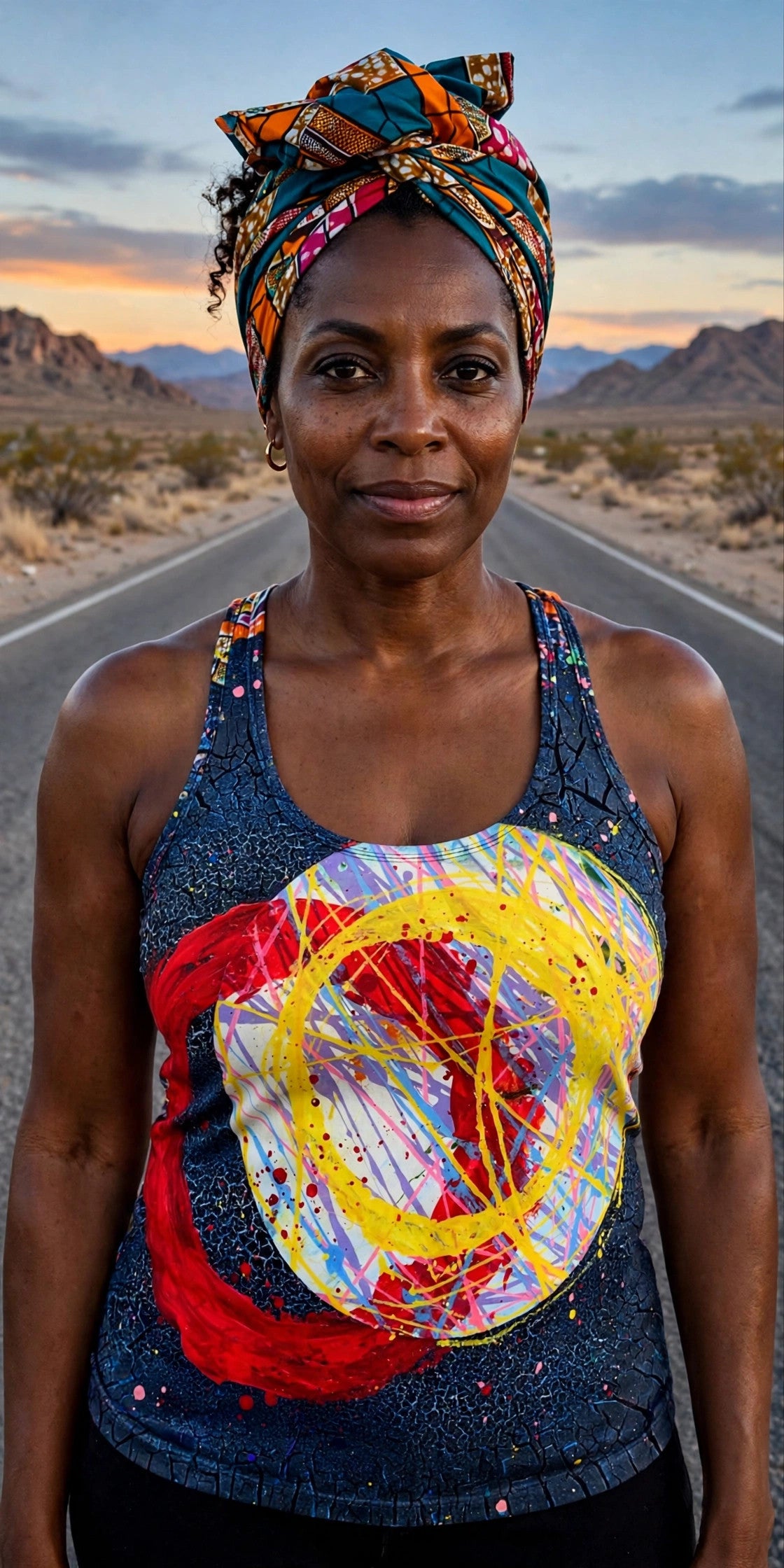 Woman modeling the Solar Ring women's racerback tank — Black woman in her 40s, colorful headwrap, desert highway at dusk