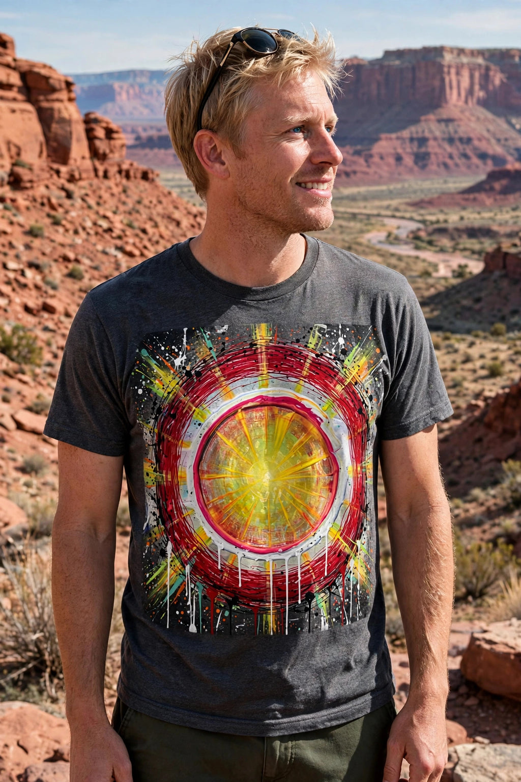 Man wearing the Solar Target art print t-shirt at a desert canyon overlook