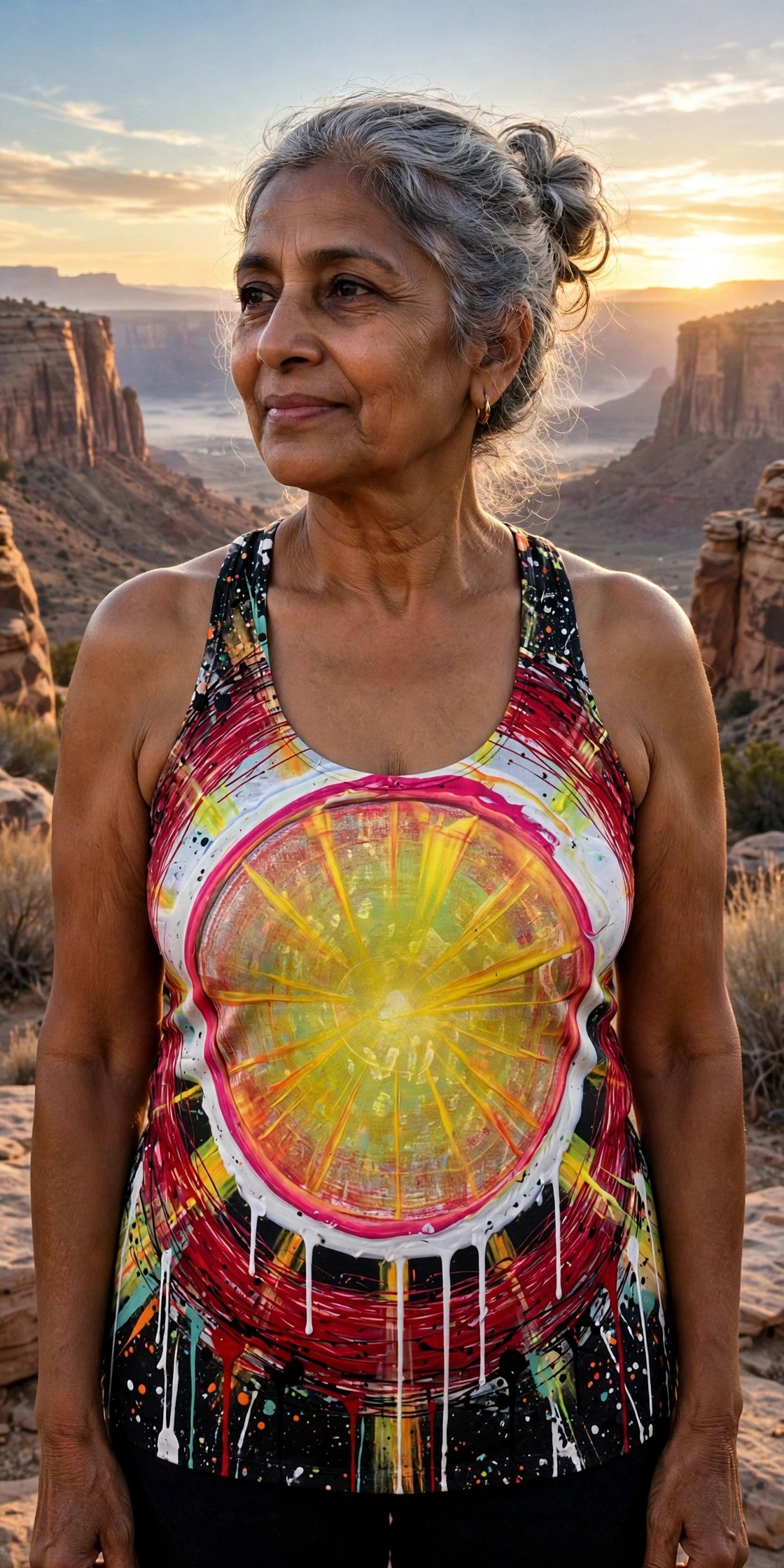 Woman modeling the Solar Target women's racerback tank — South Asian woman in her 60s, gray bun, desert canyon overlook at sunrise