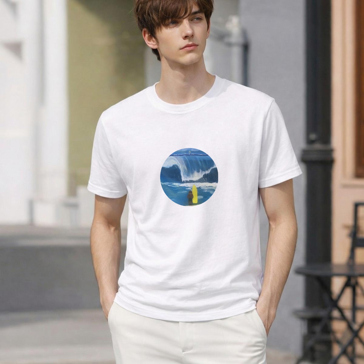 Surfer Wave circle logo tee on model