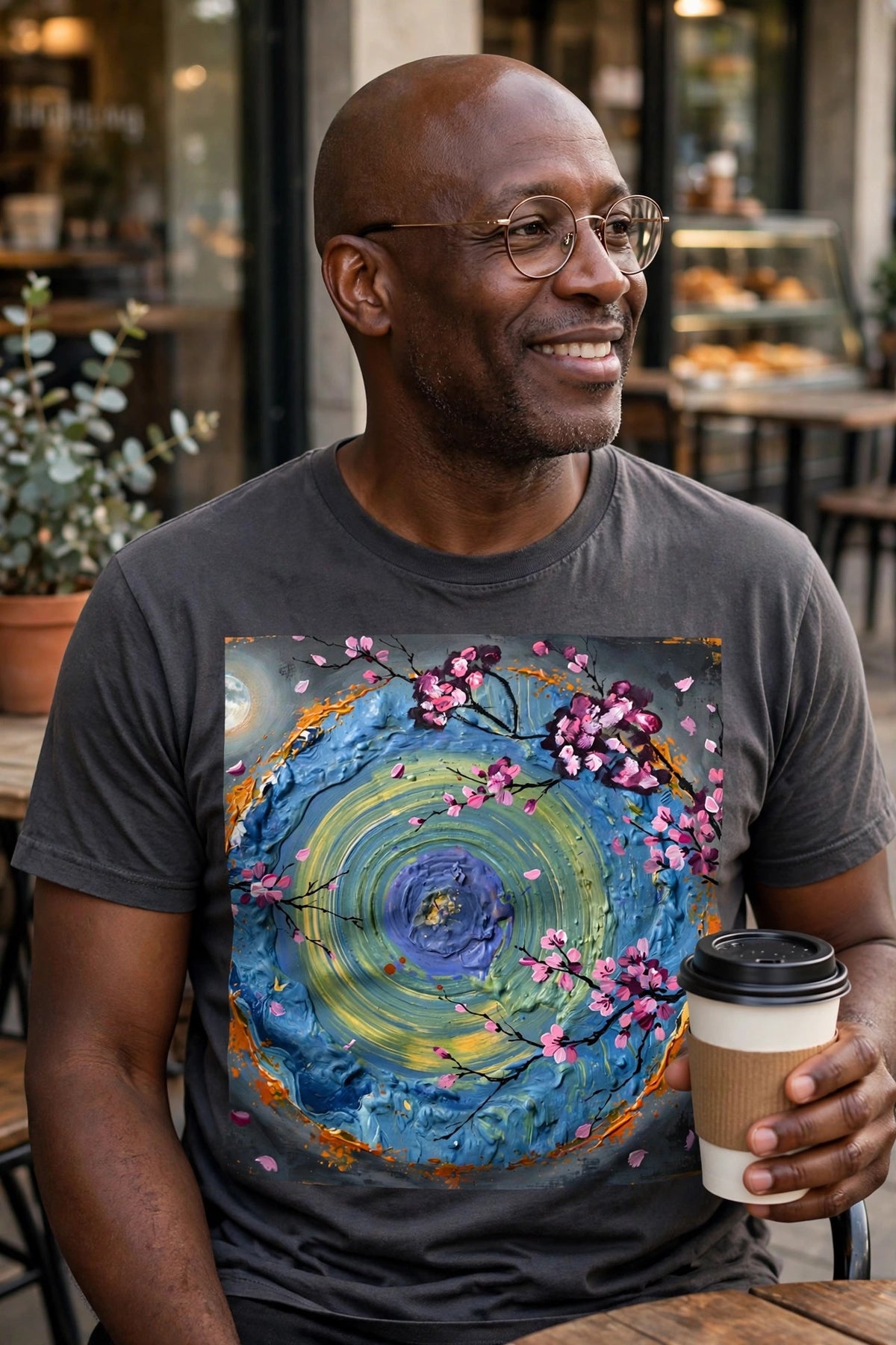 Man wearing the Tidal Blossom art print t-shirt holding coffee outside a cafe