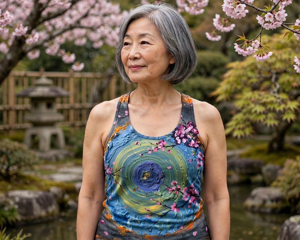 Woman modeling the Tidal Blossom women's racerback tank — East Asian woman in her early 60s, neat gray bob, Japanese garden with cherry blossoms