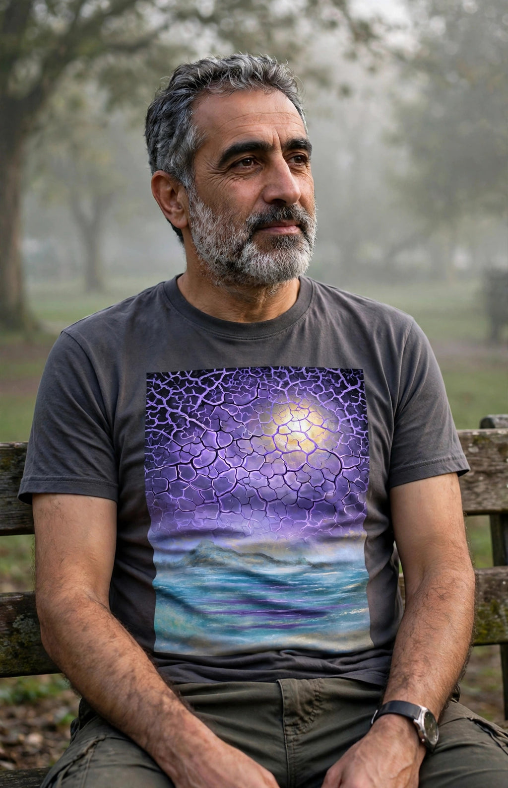 Man wearing the Violet Mist art print t-shirt seated on a park bench in morning mist